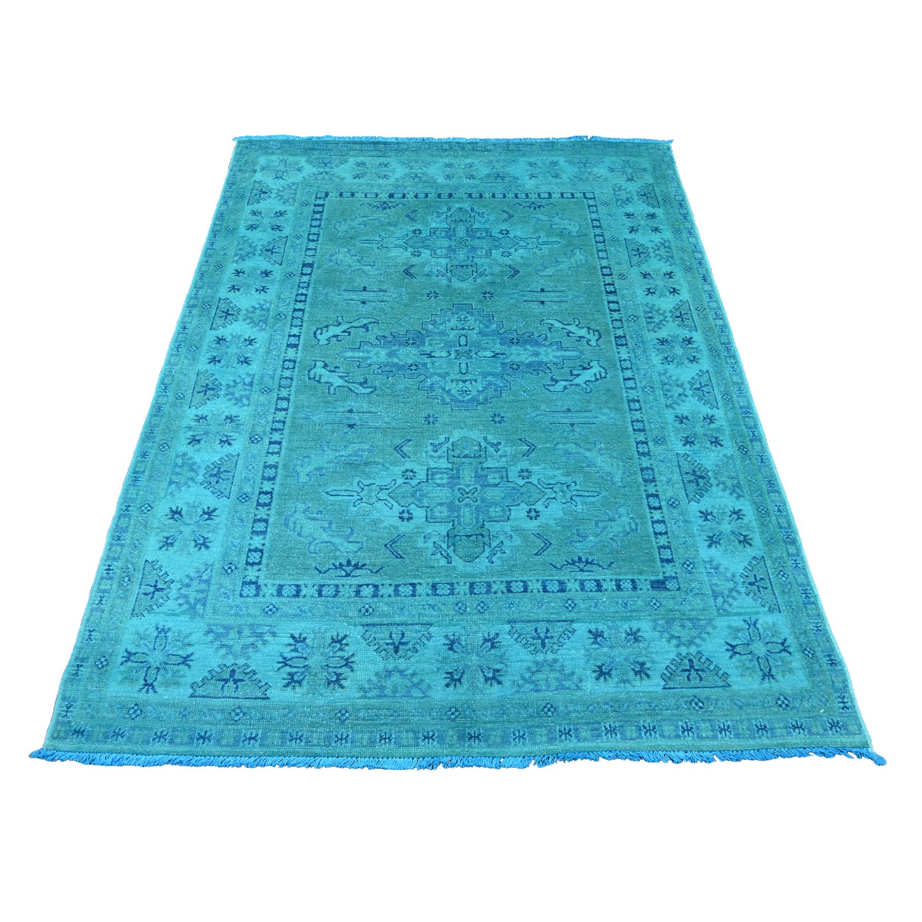 4'10'x6'3" Sapphire Blue, Overdyed Kazak with Geometric Medallions Design, Hand Knotted, 100% Wool, Oriental Rug HR20738