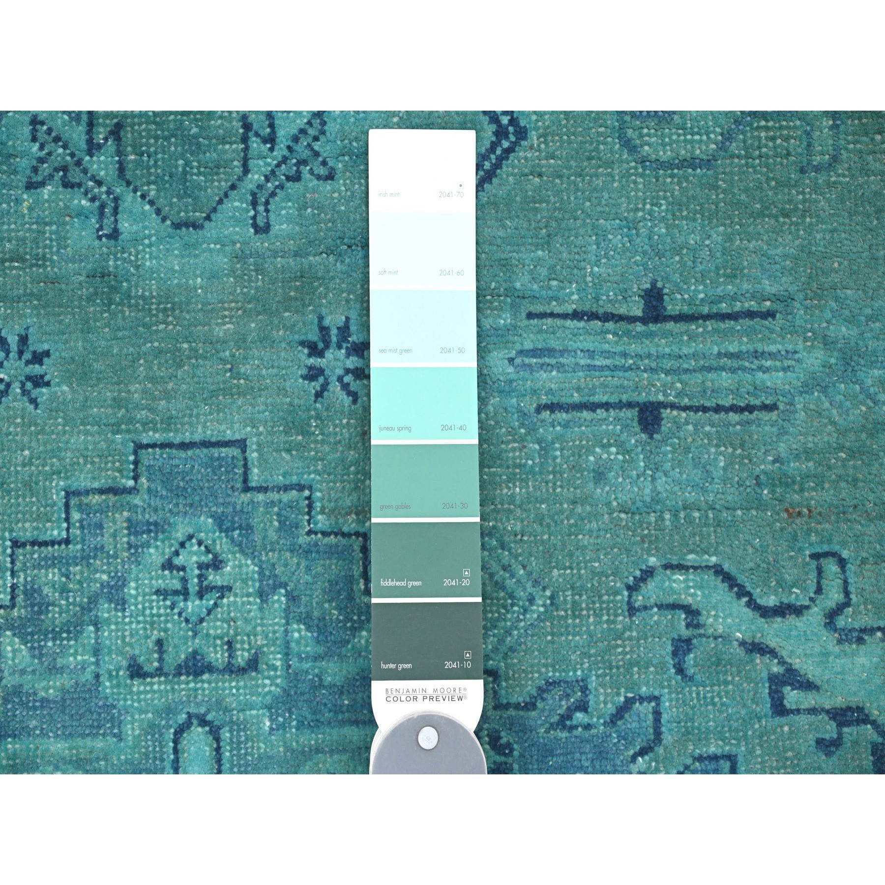 4'10'x6'3" Sapphire Blue, Overdyed Kazak with Geometric Medallions Design, Hand Knotted, 100% Wool, Oriental Rug HR20738 - Image 3