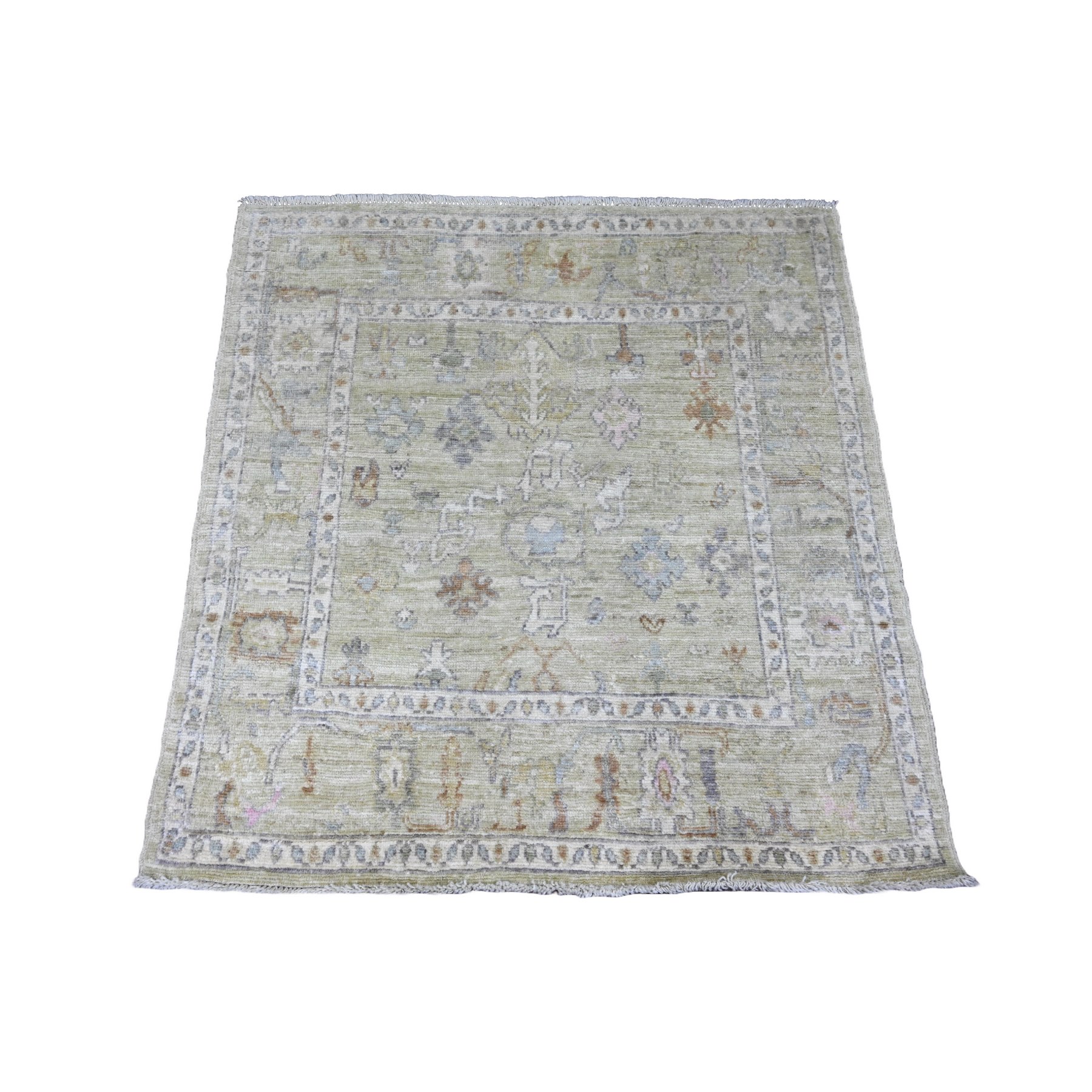 4'2"x4'2" Sage Green, Hand Knotted, Afghan Angora Oushak with Leaf Design, Vegetable Dyes, 100% Wool, Square, Oriental Rug HR20752
