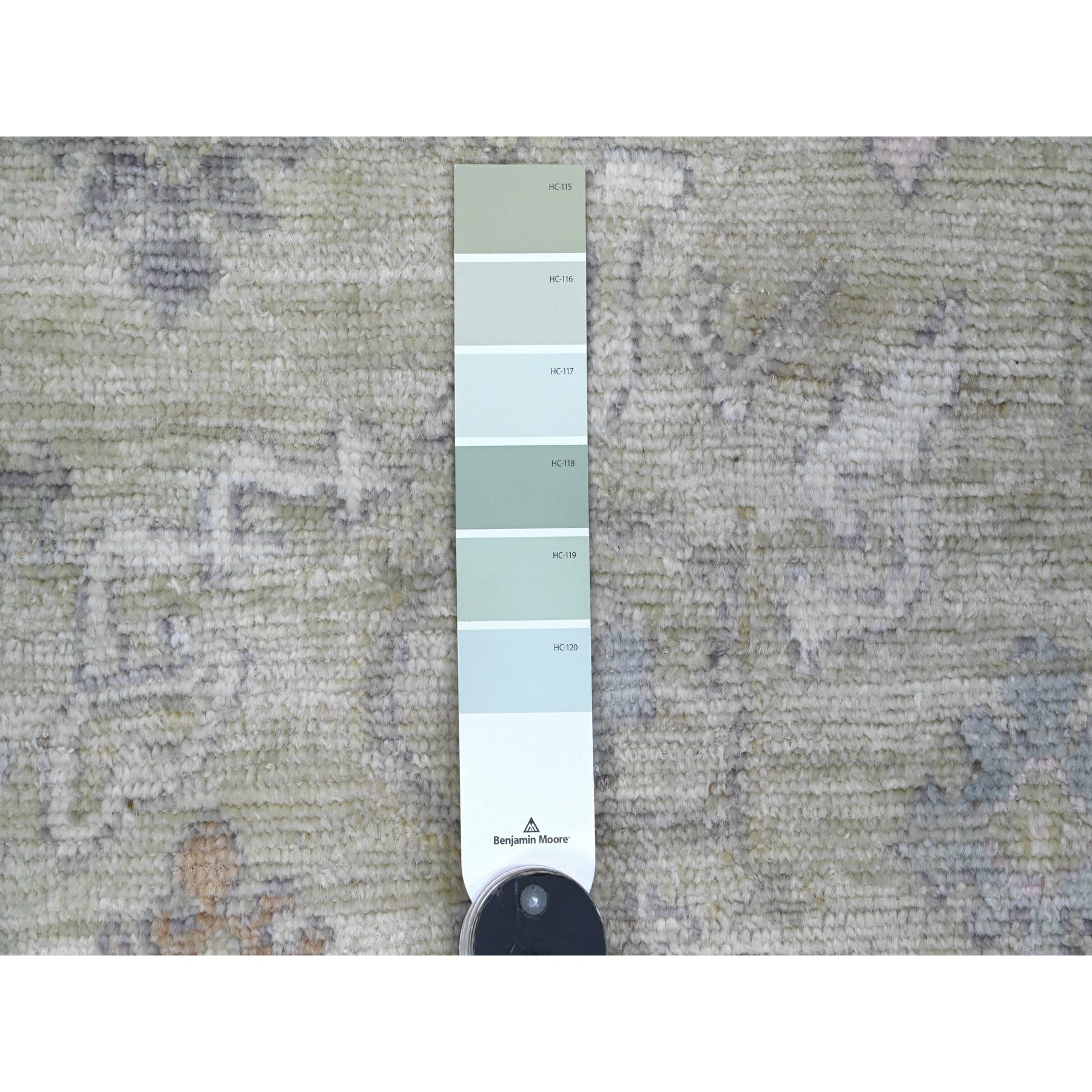 4'2"x4'2" Sage Green, Hand Knotted, Afghan Angora Oushak with Leaf Design, Vegetable Dyes, 100% Wool, Square, Oriental Rug HR20752 - Image 3