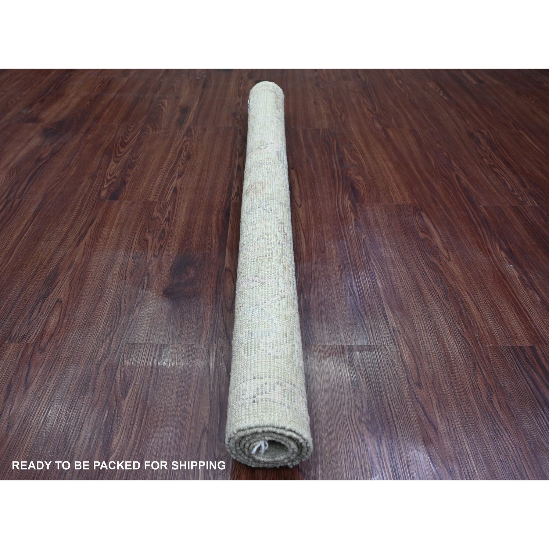 4'2"x4'2" Sage Green, Hand Knotted, Afghan Angora Oushak with Leaf Design, Vegetable Dyes, 100% Wool, Square, Oriental Rug HR20752 - Image 4