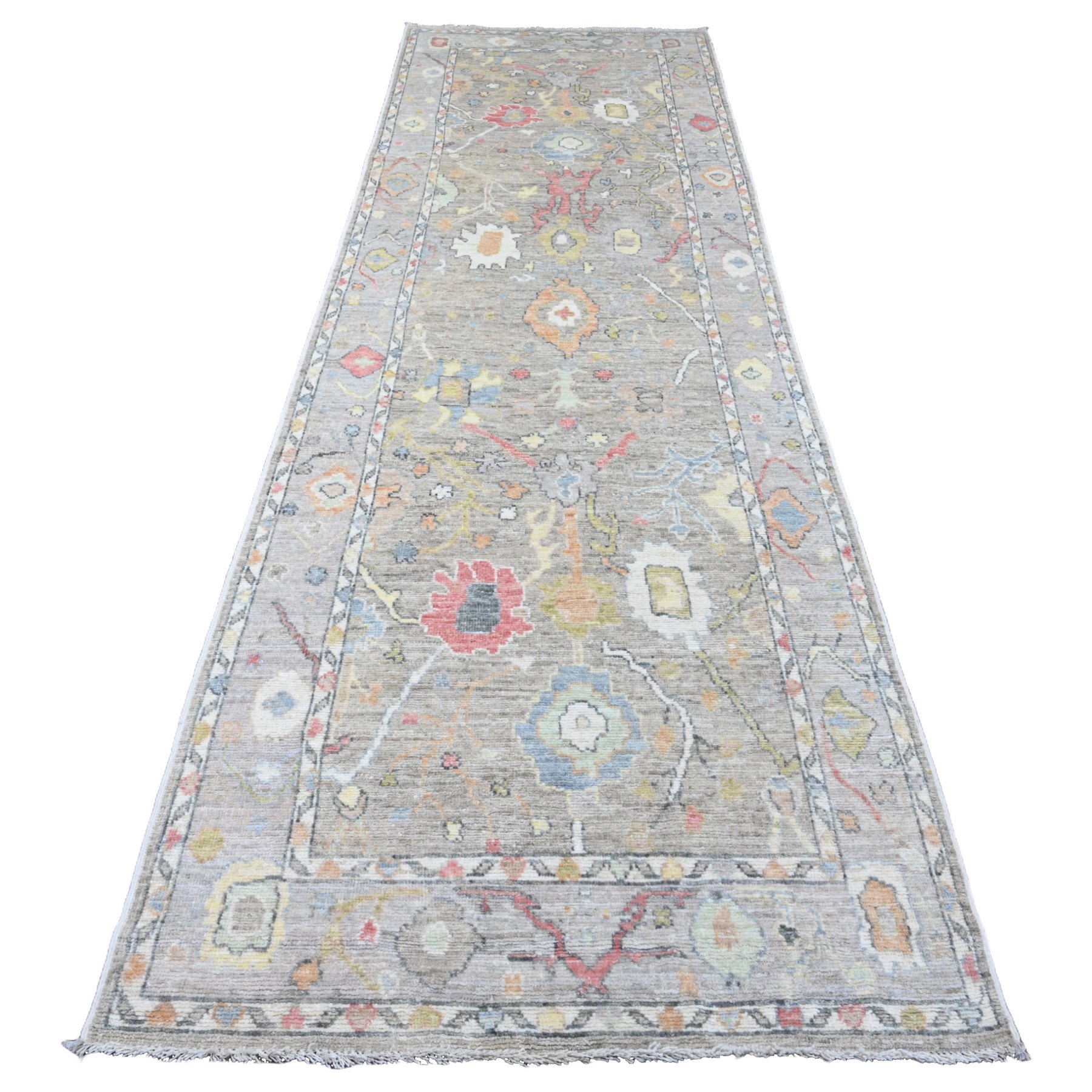 3'9"x12'1" Fossil Gray, Hand Knotted, Afghan Angora Oushak with Colorful Leaf Design, Vegetable Dyes, 100% Wool, Runner, Oriental Rug HR20759