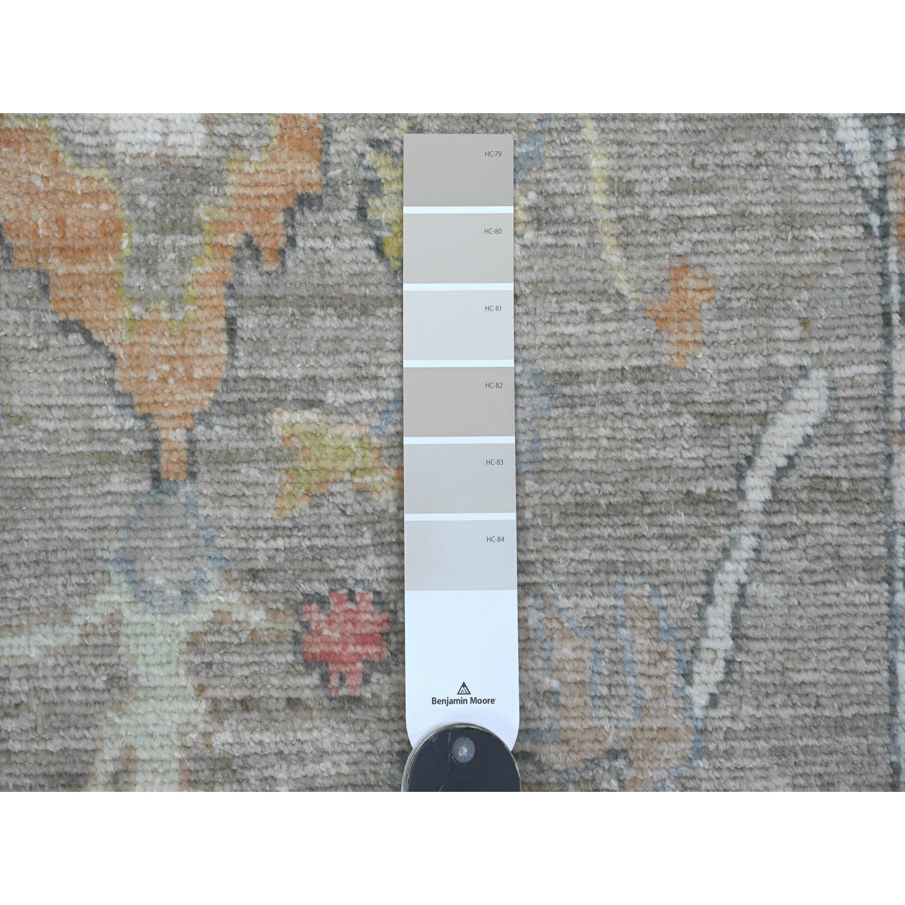 3'9"x12'1" Fossil Gray, Hand Knotted, Afghan Angora Oushak with Colorful Leaf Design, Vegetable Dyes, 100% Wool, Runner, Oriental Rug HR20759 - Image 3