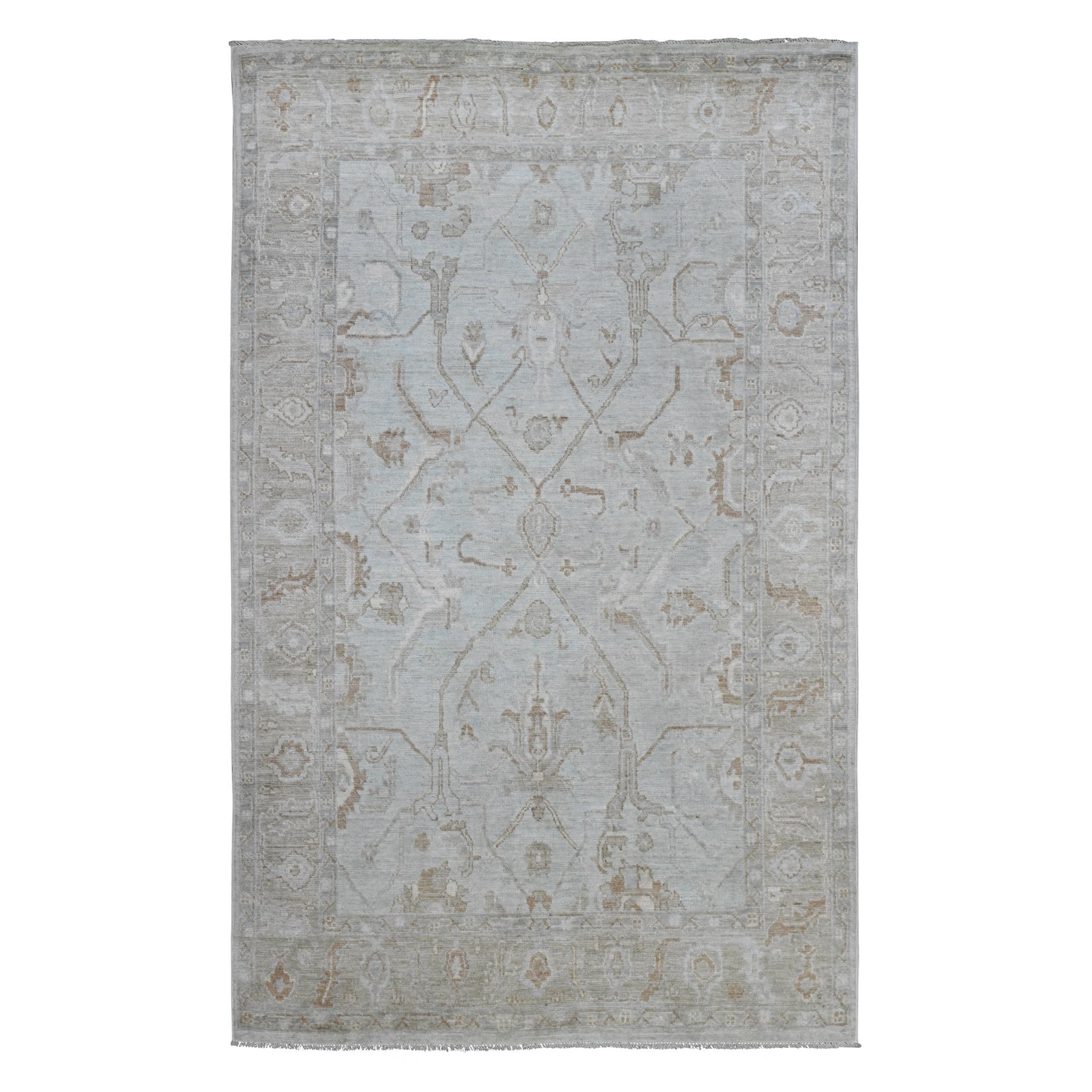 5'8"x9'2" Frost White, Afghan Angora Oushak with All Over Vines Design, Hand Knotted, Vegetable Dyes, 100% Wool, Oriental Rug HR20776