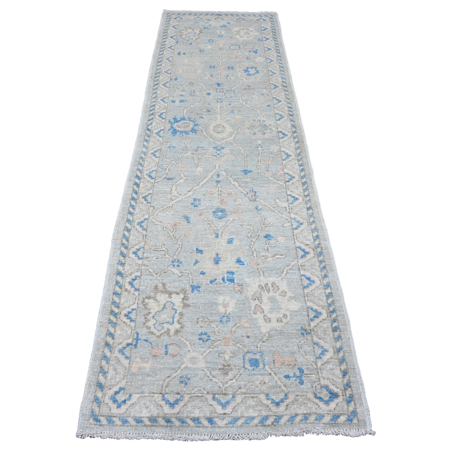 2'9"x9'7" Moonstruck Gray, Hand Knotted, Afghan Angora Oushak with All Over Vines Design, Veggie Dyes, 100% Wool, Runner, Oriental Rug HR20786