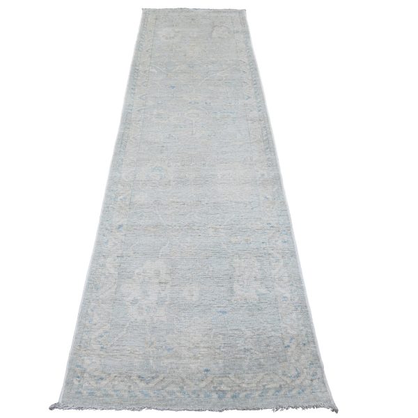 2'8"x9'8" Cloud Gray, Hand Knotted, Afghan Angora Oushak with Leaf Design, Veggie Dyes, 100% Wool, Runner, Oriental Rug HR20791