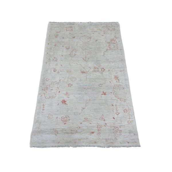3'x4'9" Bone White with Touches of Red, Leaf Design, Afghan Angora Oushak, Hand Knotted, Veggie Dyes, 100% Wool, Oriental Rug HR20802