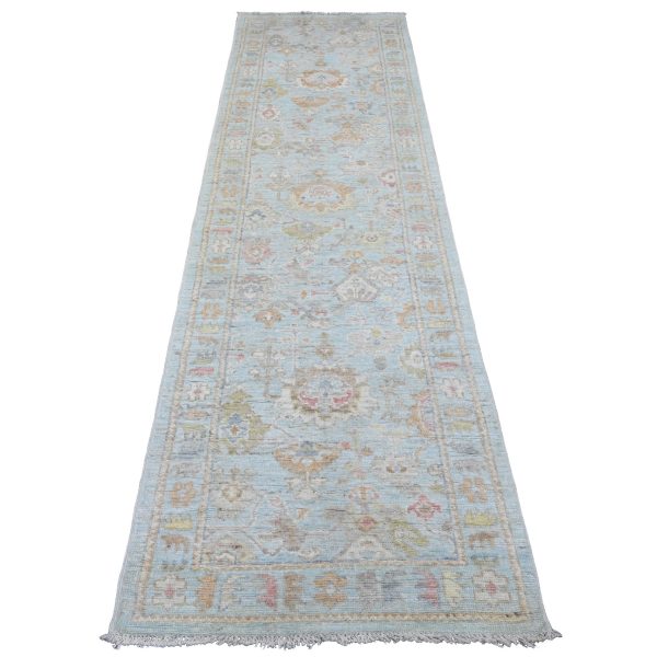2'10"x9'10" Cerulean Blue, Pure Wool, Afghan Angora Oushak with Floral Pattern, Hand Knotted, Veggie Dyes, Runner, Oriental Rug HR20810