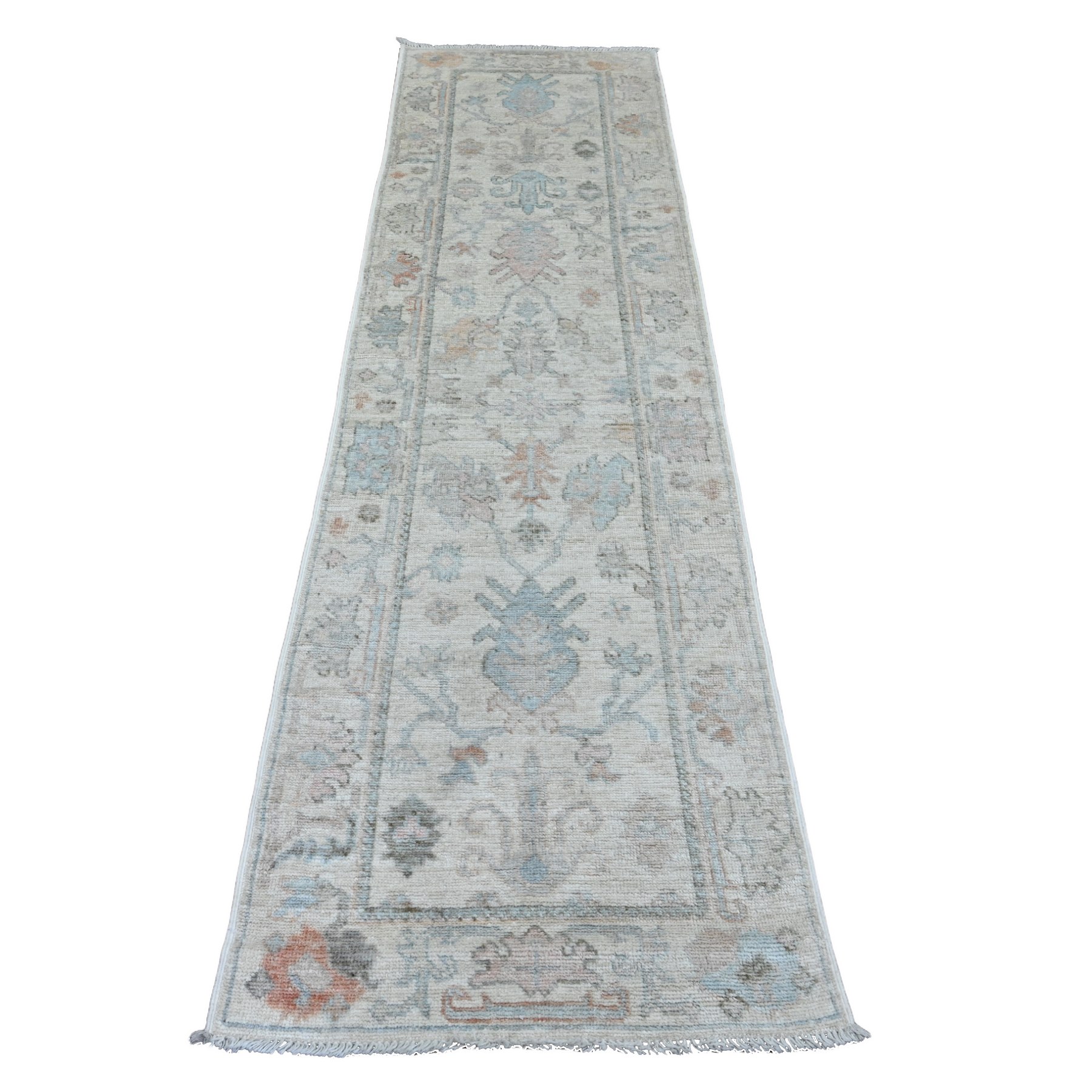 2'7"x9'6" Pearl White, Afghan Angora Oushak with All Over Pattern, Hand Knotted, Veggie Dyes, 100% Wool, Runner, Oriental Rug HR20813