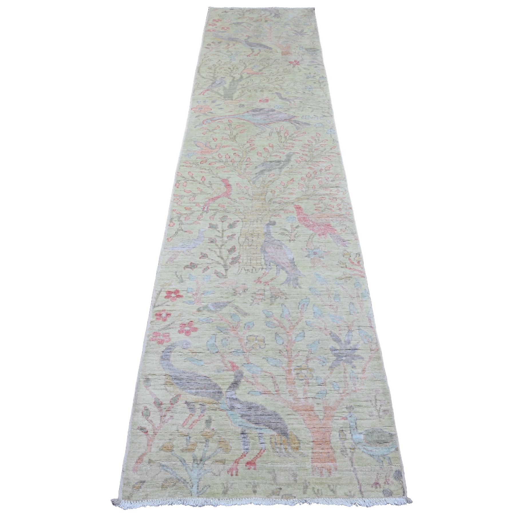 2'6"x11'4" Celadon Green, Afghan Peshawar with Birds of Paradise Design, Hand Knotted, Soft 100% Wool, Vegetable Dyes, Runner, Oriental Rug HR20854