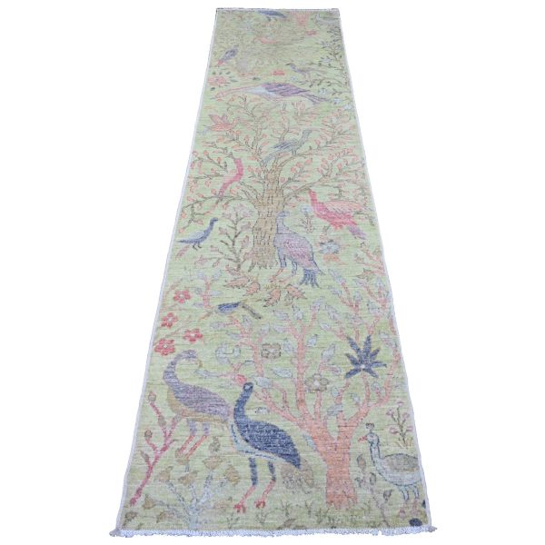 2'5"x9'9" Olive Green, Afghan Peshawar with Birds of Paradise Design, Hand Knotted, Soft Wool, Veggie Dyes, Runner, Oriental Rug HR20856