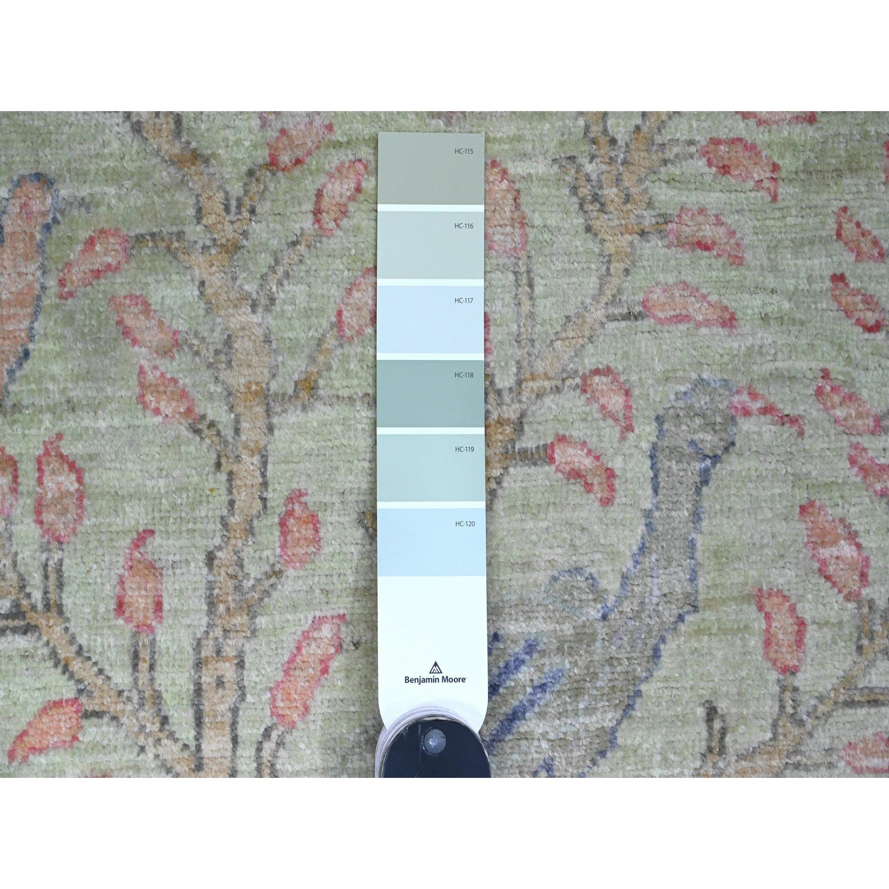 2'5"x9'9" Olive Green, Afghan Peshawar with Birds of Paradise Design, Hand Knotted, Soft Wool, Veggie Dyes, Runner, Oriental Rug HR20856 - Image 3