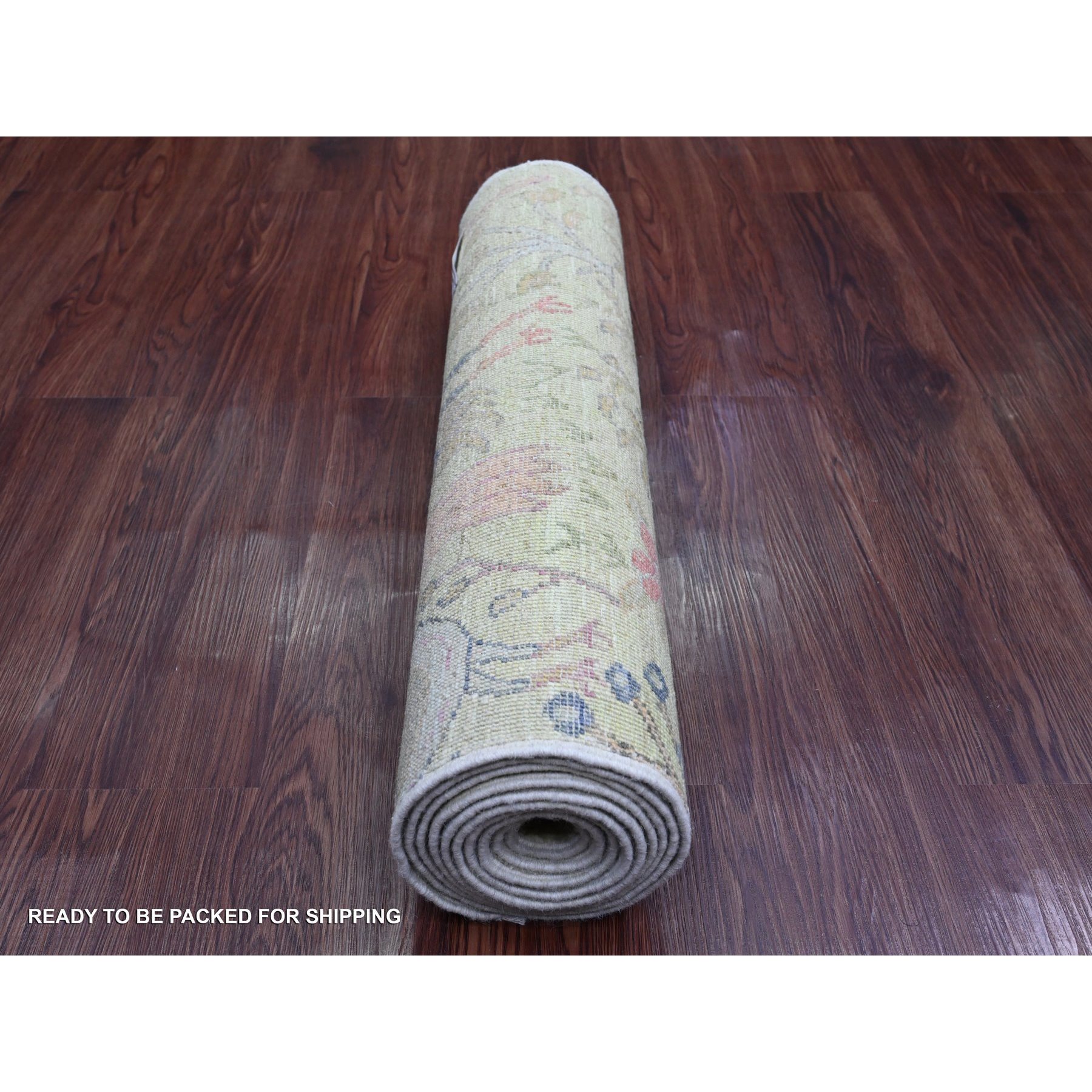 2'5"x9'9" Olive Green, Afghan Peshawar with Birds of Paradise Design, Hand Knotted, Soft Wool, Veggie Dyes, Runner, Oriental Rug HR20856 - Image 4
