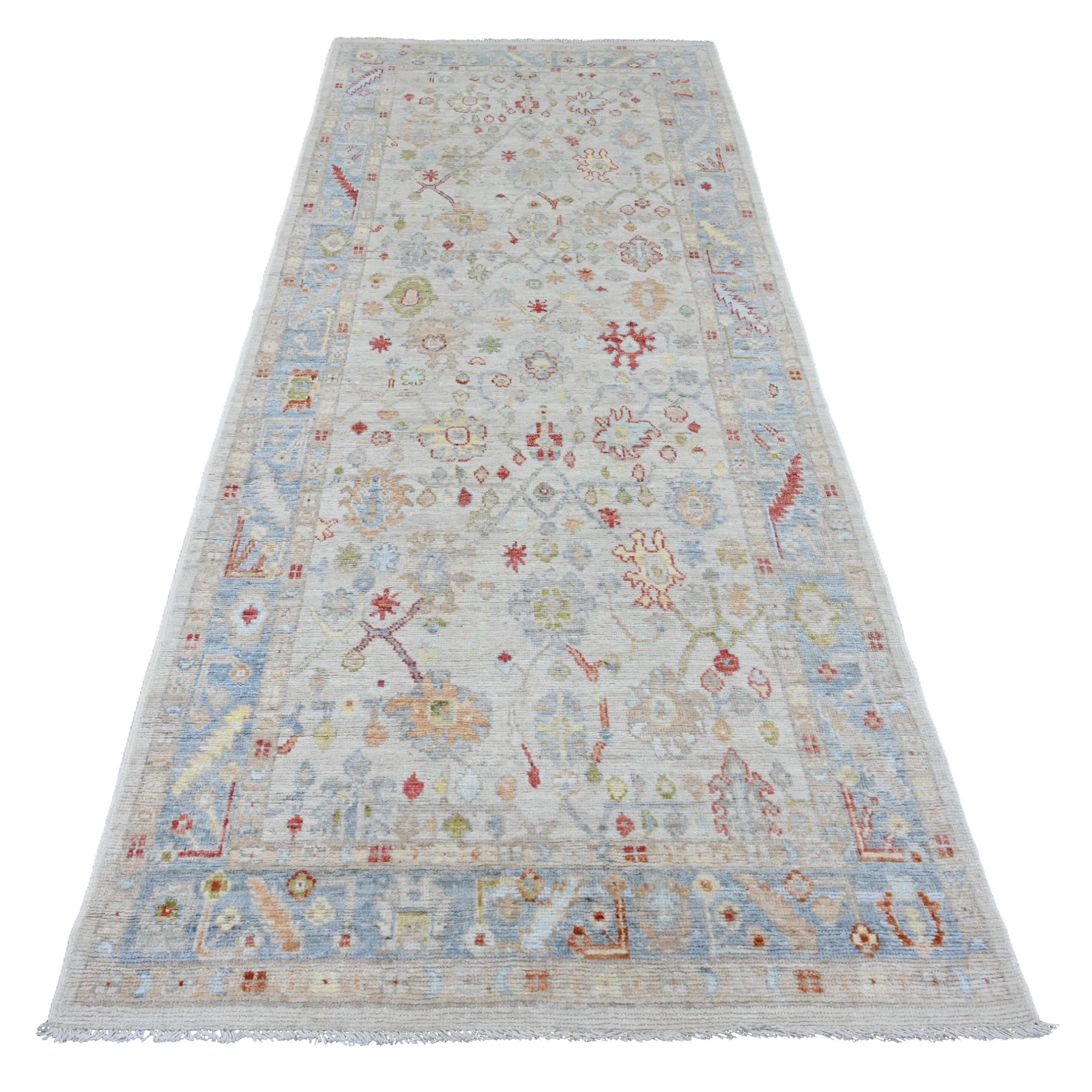 4'1"x10'1" Cascading White, Hand Knotted, Afghan Angora Oushak with All Over Leaf Design, Veggie Dyes, Pure Wool, Wide Runner, Oriental Rug HR20877