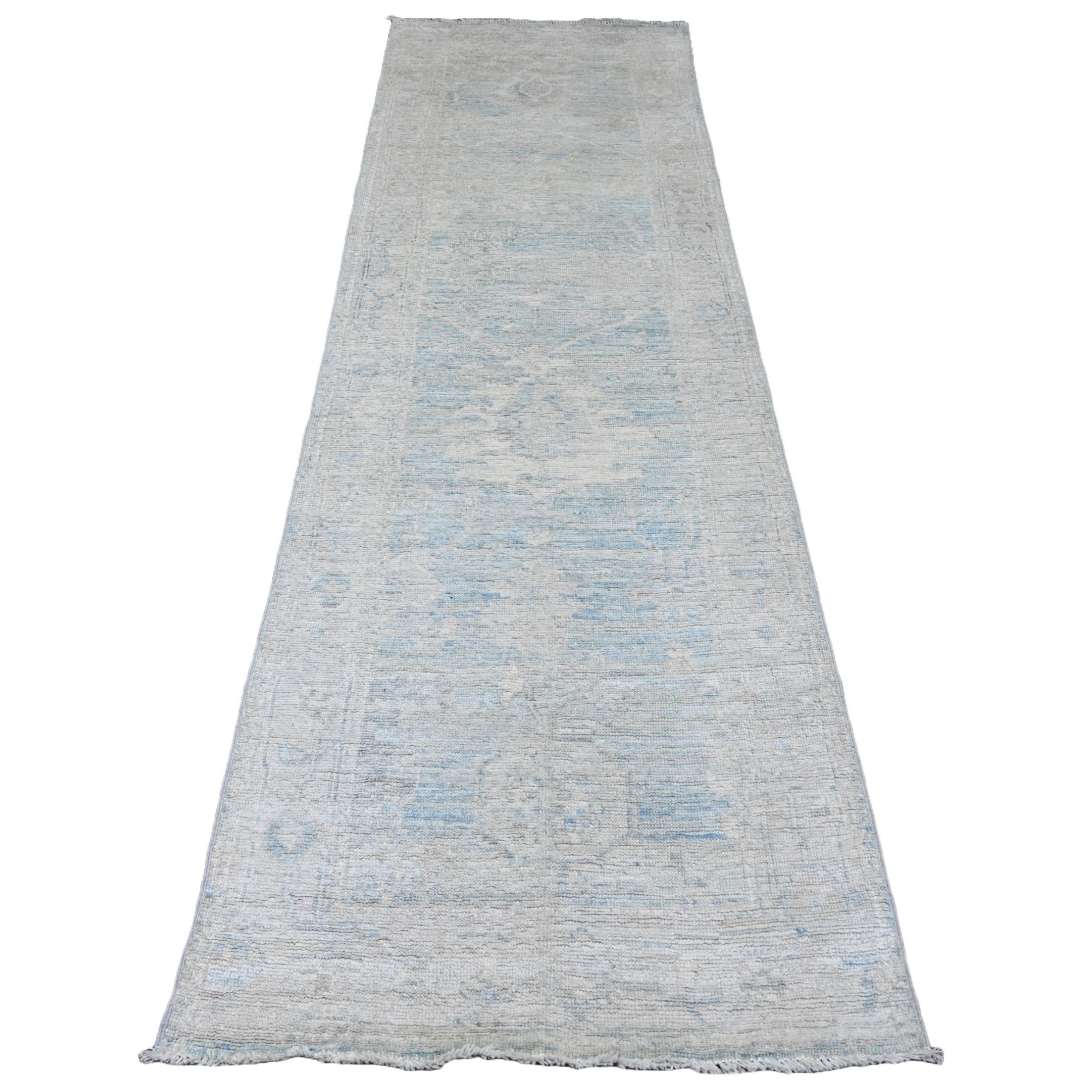 2'10"x9'7" Stone Blue, Afghan Angora Oushak with Leaf Design, Natural Dyes, Pure Wool, Hand Knotted, Runner, Oriental Rug HR20884
