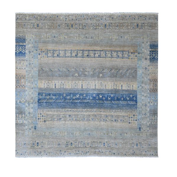8'x8' Spanish Gray, Hand Knotted, Fine Kashkuli Gabbeh with Small Animal Figurines, Soft Wool, Vegetable Dyes, Square, Oriental Rug HR20915