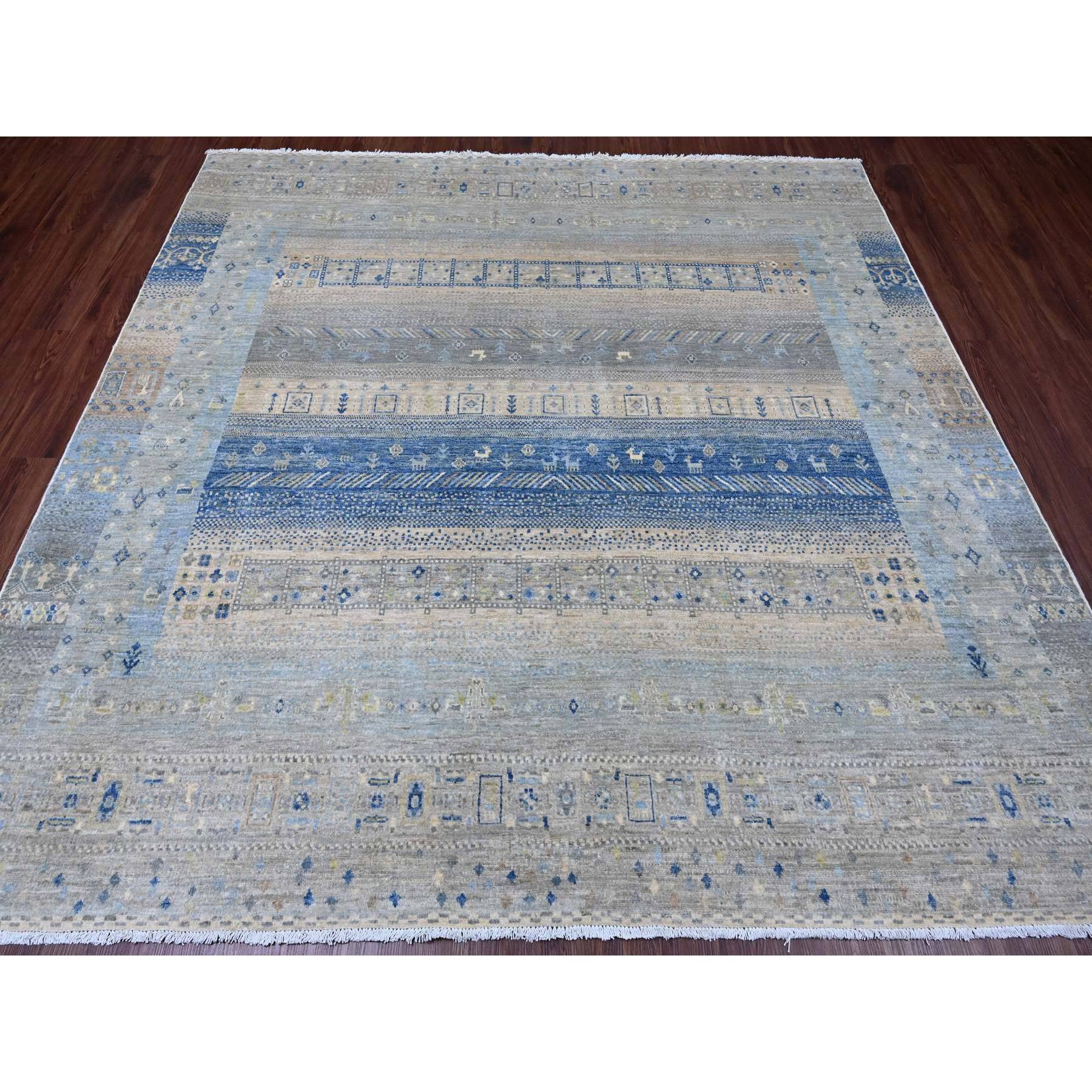 8'x8' Spanish Gray, Hand Knotted, Fine Kashkuli Gabbeh with Small Animal Figurines, Soft Wool, Vegetable Dyes, Square, Oriental Rug HR20915 - Image 2