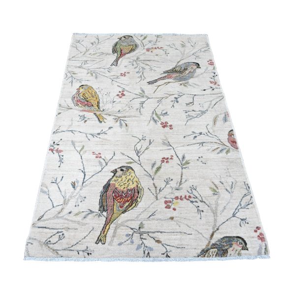 4'x6' Chiffon White, Sparrows on the Tree, Peshawar, 100% Soft Wool, Lush and Plush, Hand Knotted, Oriental Rug HR20955