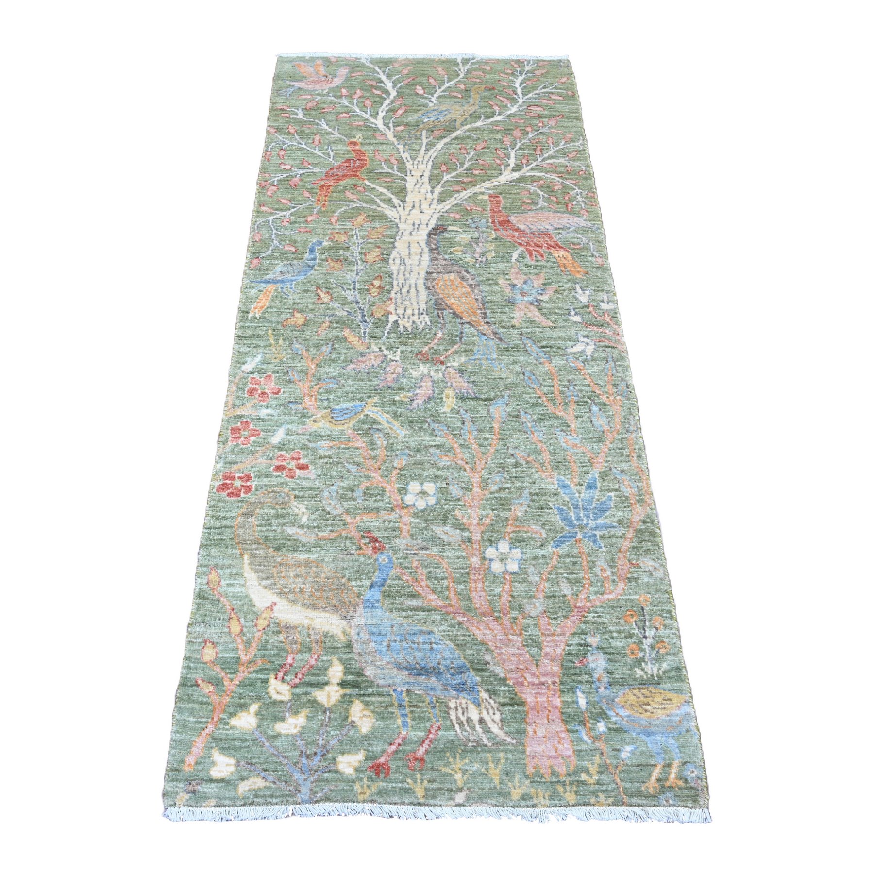2'7"x6' Pickle Green, Afghan Peshawar with Birds of Paradise Design, Vegetable Dyes, Hand Knotted, Soft Wool, Runner, Oriental Rug HR20963