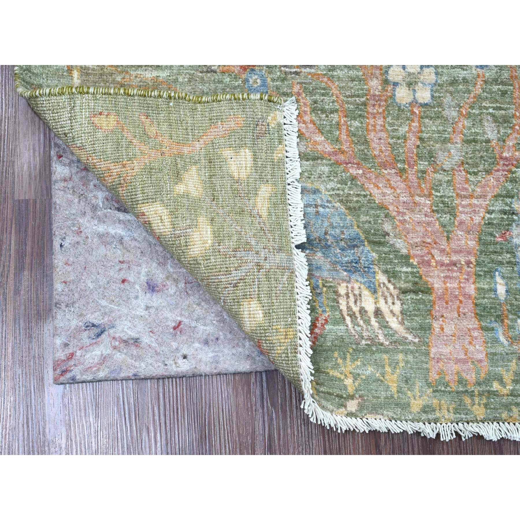 2'7"x6' Pickle Green, Afghan Peshawar with Birds of Paradise Design, Vegetable Dyes, Hand Knotted, Soft Wool, Runner, Oriental Rug HR20963 - Image 2