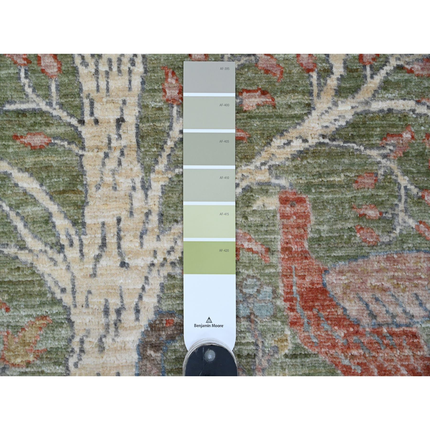2'7"x6' Pickle Green, Afghan Peshawar with Birds of Paradise Design, Vegetable Dyes, Hand Knotted, Soft Wool, Runner, Oriental Rug HR20963 - Image 3