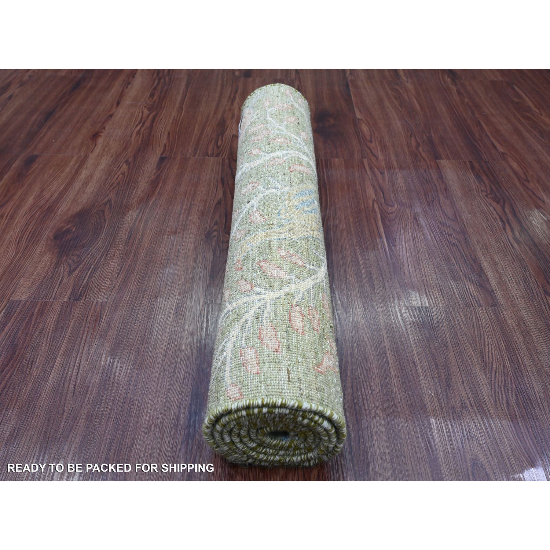 2'7"x6' Pickle Green, Afghan Peshawar with Birds of Paradise Design, Vegetable Dyes, Hand Knotted, Soft Wool, Runner, Oriental Rug HR20963 - Image 4