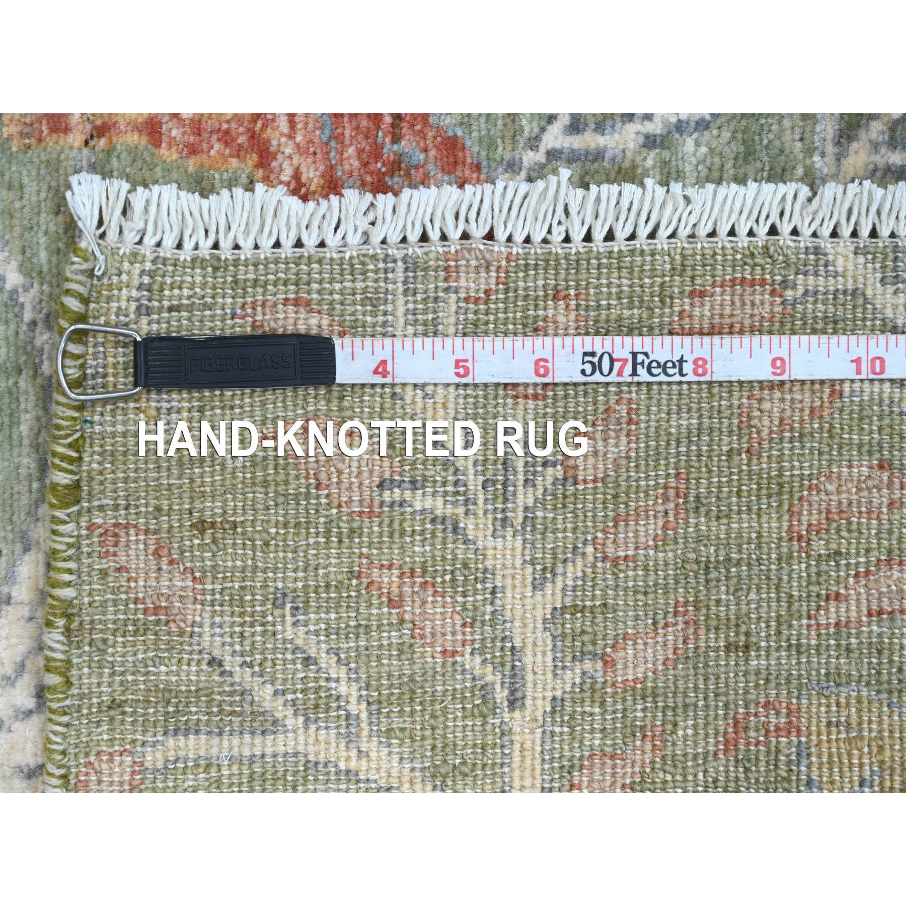 2'7"x6' Pickle Green, Afghan Peshawar with Birds of Paradise Design, Vegetable Dyes, Hand Knotted, Soft Wool, Runner, Oriental Rug HR20963 - Image 6