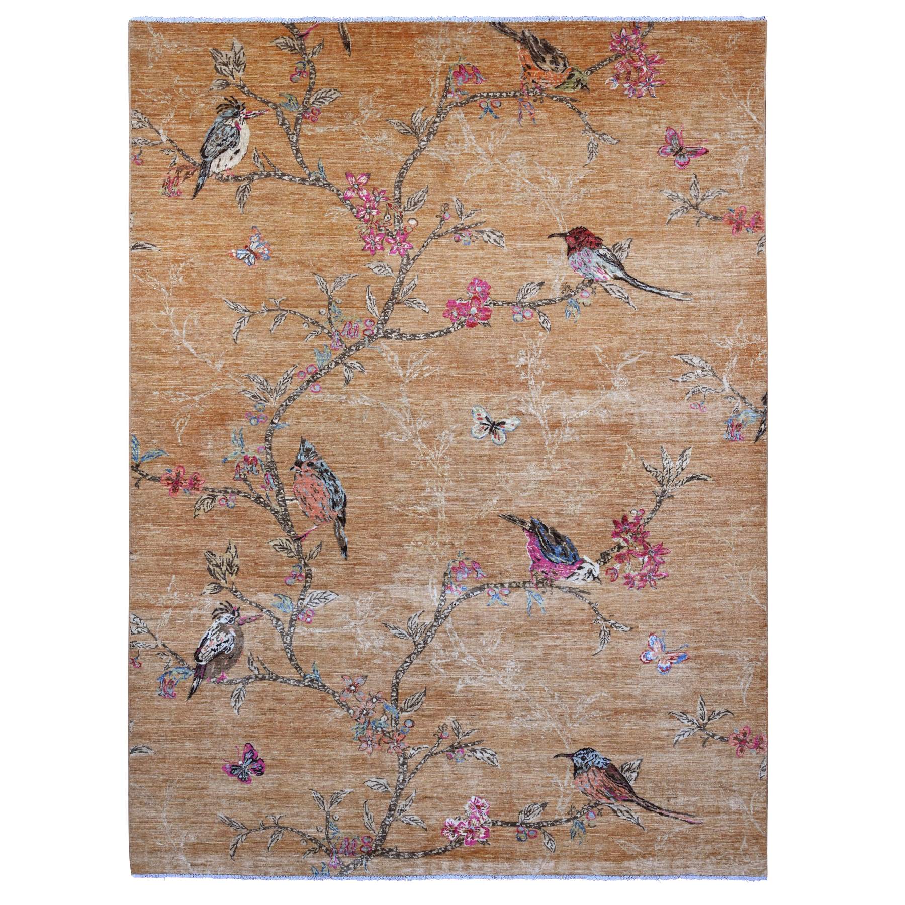 9'x12' Honey Brown, Sparrows on the Tree, Peshawar, 100% Soft Wool, Hand Knotted, Oriental Rug HR20969