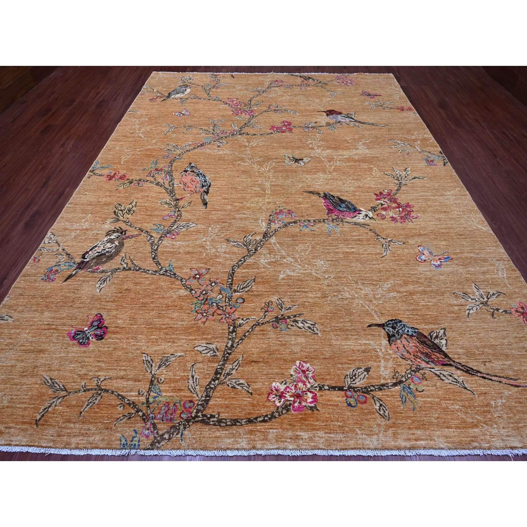 9'x12' Honey Brown, Sparrows on the Tree, Peshawar, 100% Soft Wool, Hand Knotted, Oriental Rug HR20969 - Image 2