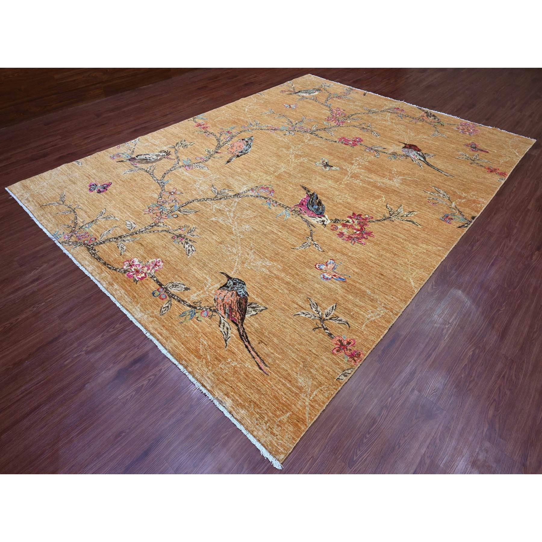 9'x12' Honey Brown, Sparrows on the Tree, Peshawar, 100% Soft Wool, Hand Knotted, Oriental Rug HR20969 - Image 3