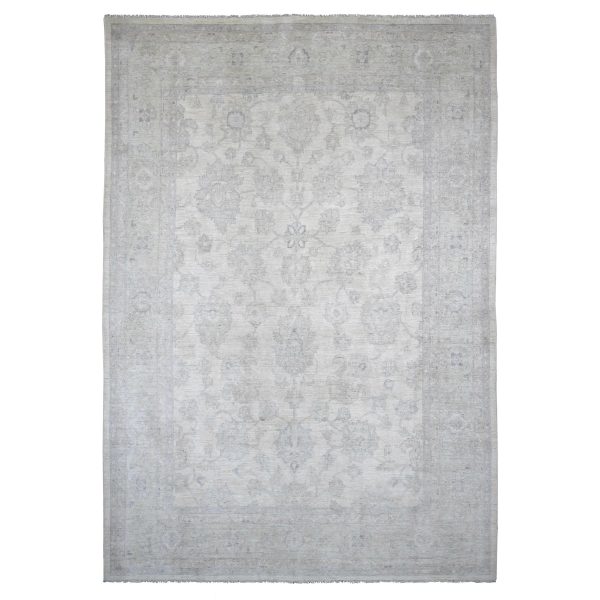 9'8"x13'8" Whisper White, Washed Out Peshawar with All Over Leaf Design, Hand Knotted, Vegetable Dyes, 100% Wool, Oriental Rug HR20978