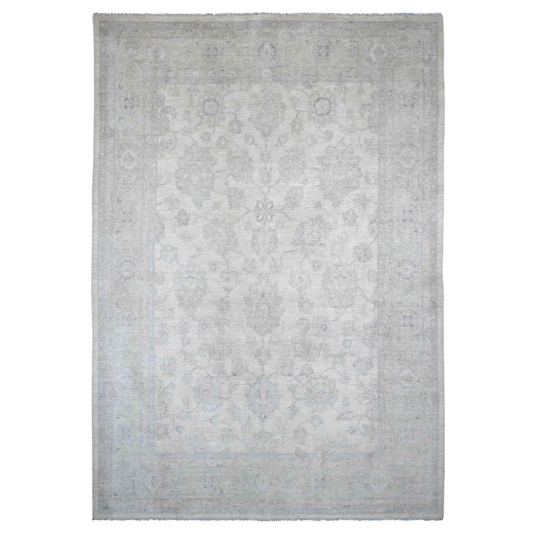 9'8"x13'8" Whisper White, Washed Out Peshawar with All Over Leaf Design, Hand Knotted, Vegetable Dyes, 100% Wool, Oriental Rug HR20978