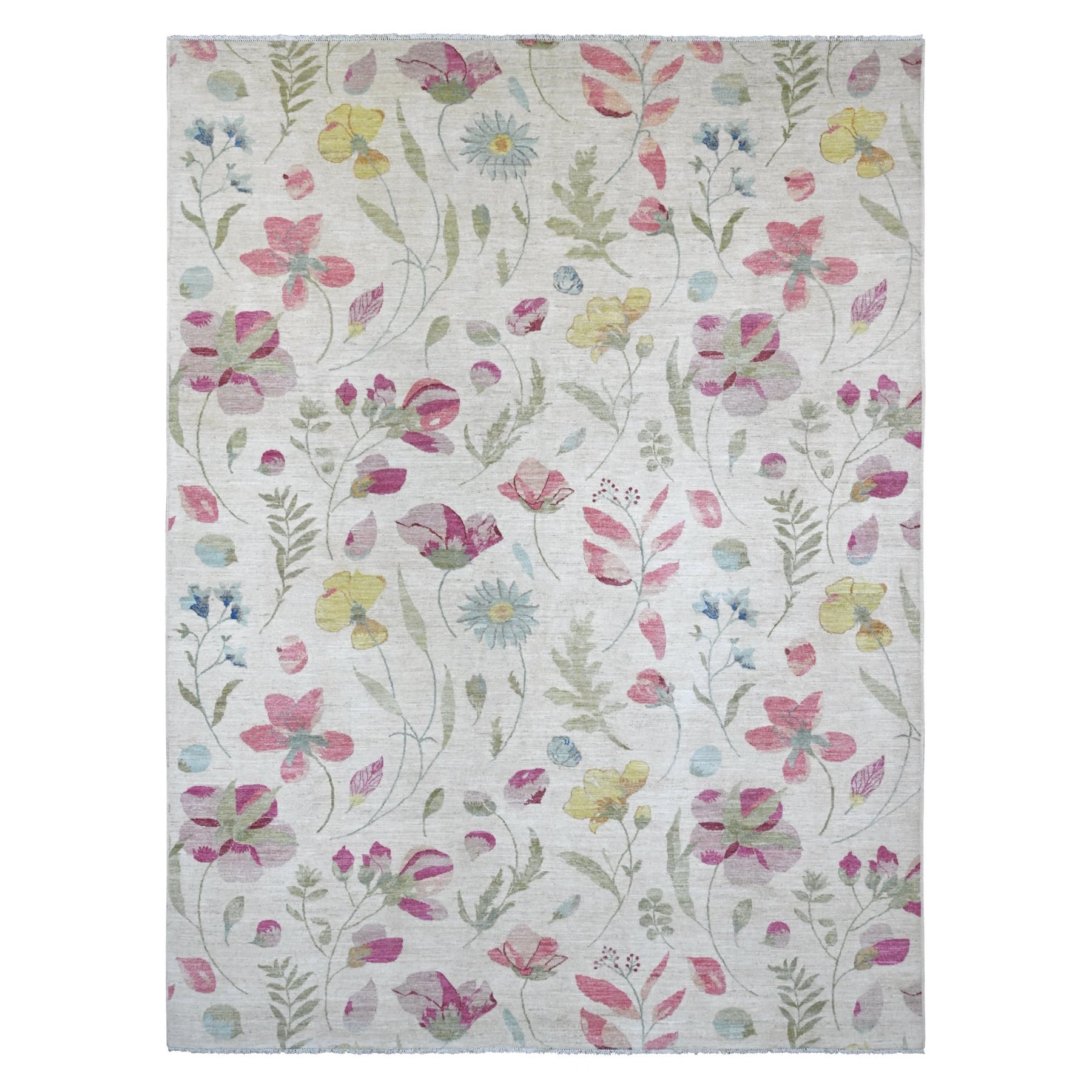 9'x11'9" Pearl White, Peshawar with Colorful Botanical Garden Design, 100% Wool, Hand Knotted, Oriental Rug HR20993