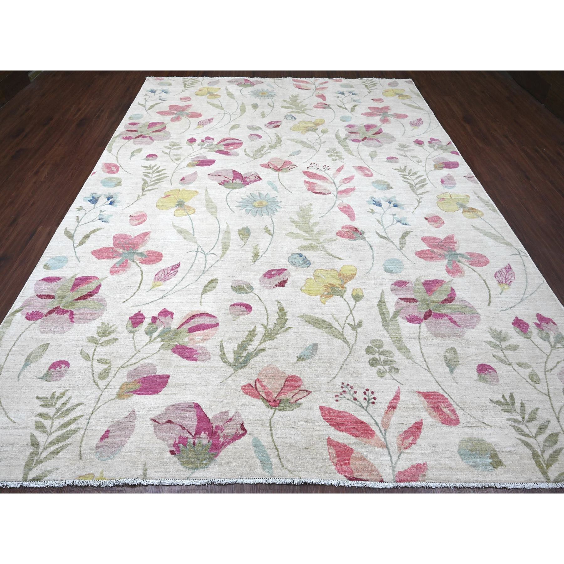 9'x11'9" Pearl White, Peshawar with Colorful Botanical Garden Design, 100% Wool, Hand Knotted, Oriental Rug HR20993 - Image 2