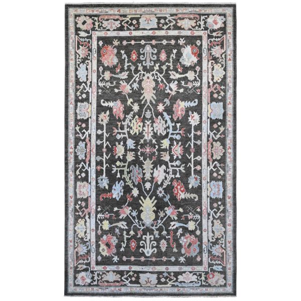 7'x12'3" Charcoal Black, Afghan Angora Oushak with Colorful Leaf Pattern, Hand Knotted, Vegetable Dyes, 100% Wool, Gallery Size, Wide and Long Runner, Special Size, Oriental Rug HR20994