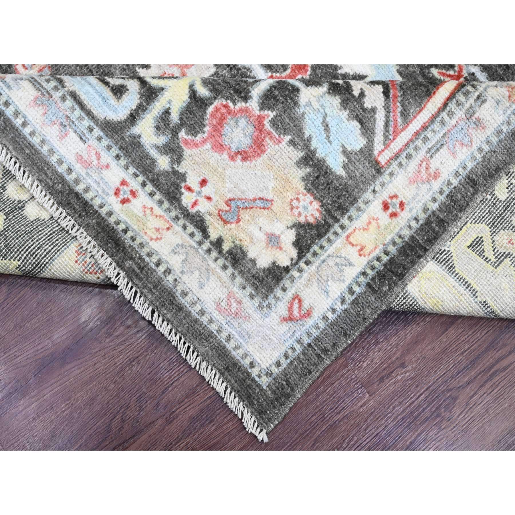 7'x12'3" Charcoal Black, Afghan Angora Oushak with Colorful Leaf Pattern, Hand Knotted, Vegetable Dyes, 100% Wool, Gallery Size, Wide and Long Runner, Special Size, Oriental Rug HR20994 - Image 6