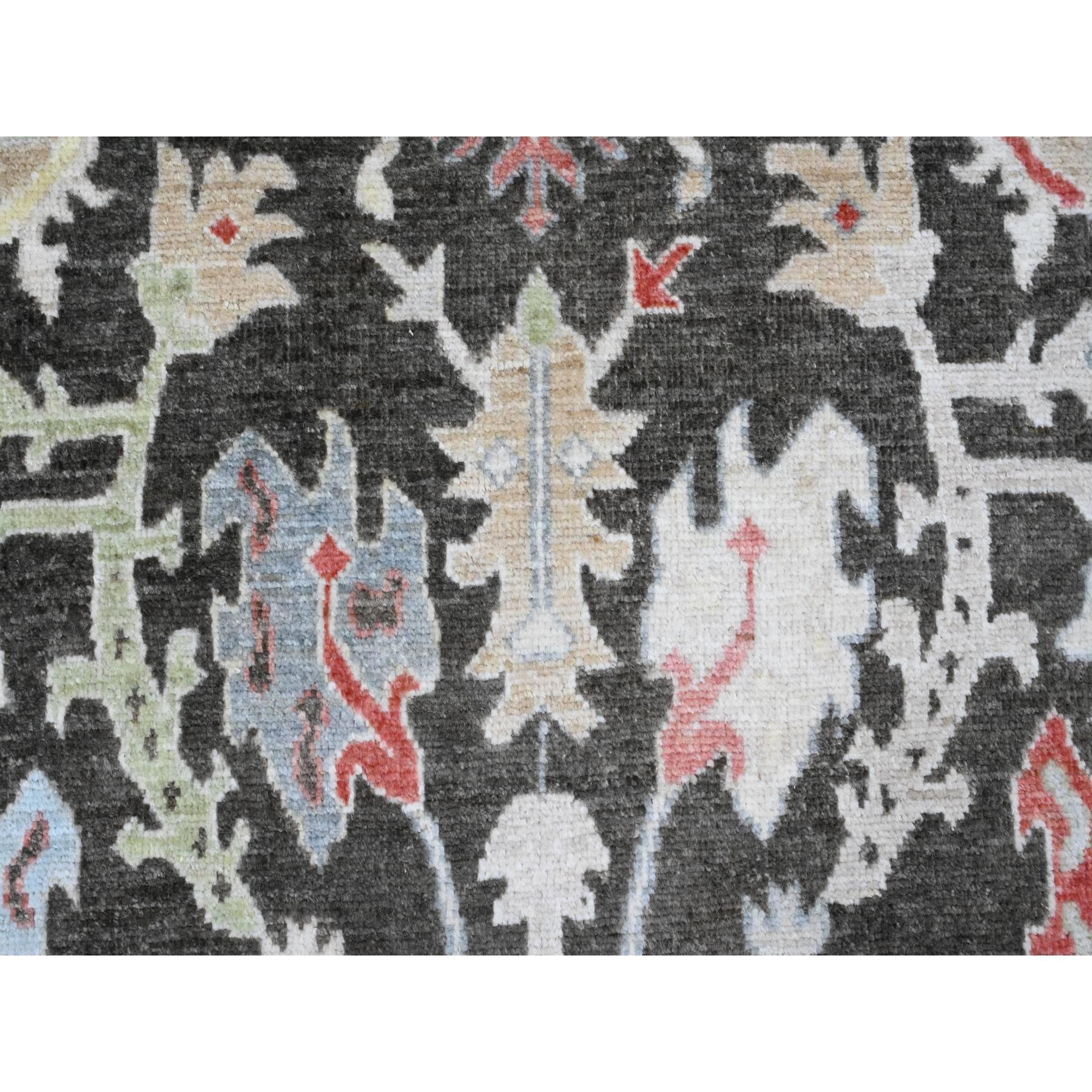 7'x12'3" Charcoal Black, Afghan Angora Oushak with Colorful Leaf Pattern, Hand Knotted, Vegetable Dyes, 100% Wool, Gallery Size, Wide and Long Runner, Special Size, Oriental Rug HR20994 - Image 8