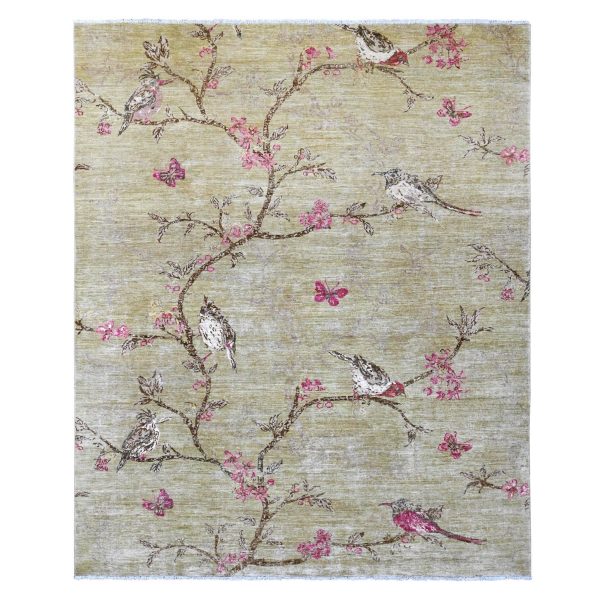 8'3"x9'9" Swamp Green with Touches of Pink, Peshawar, Sparrows on the Tree, Densely Woven, Hand Knotted, Soft 100% Wool, Oriental Rug HR21007