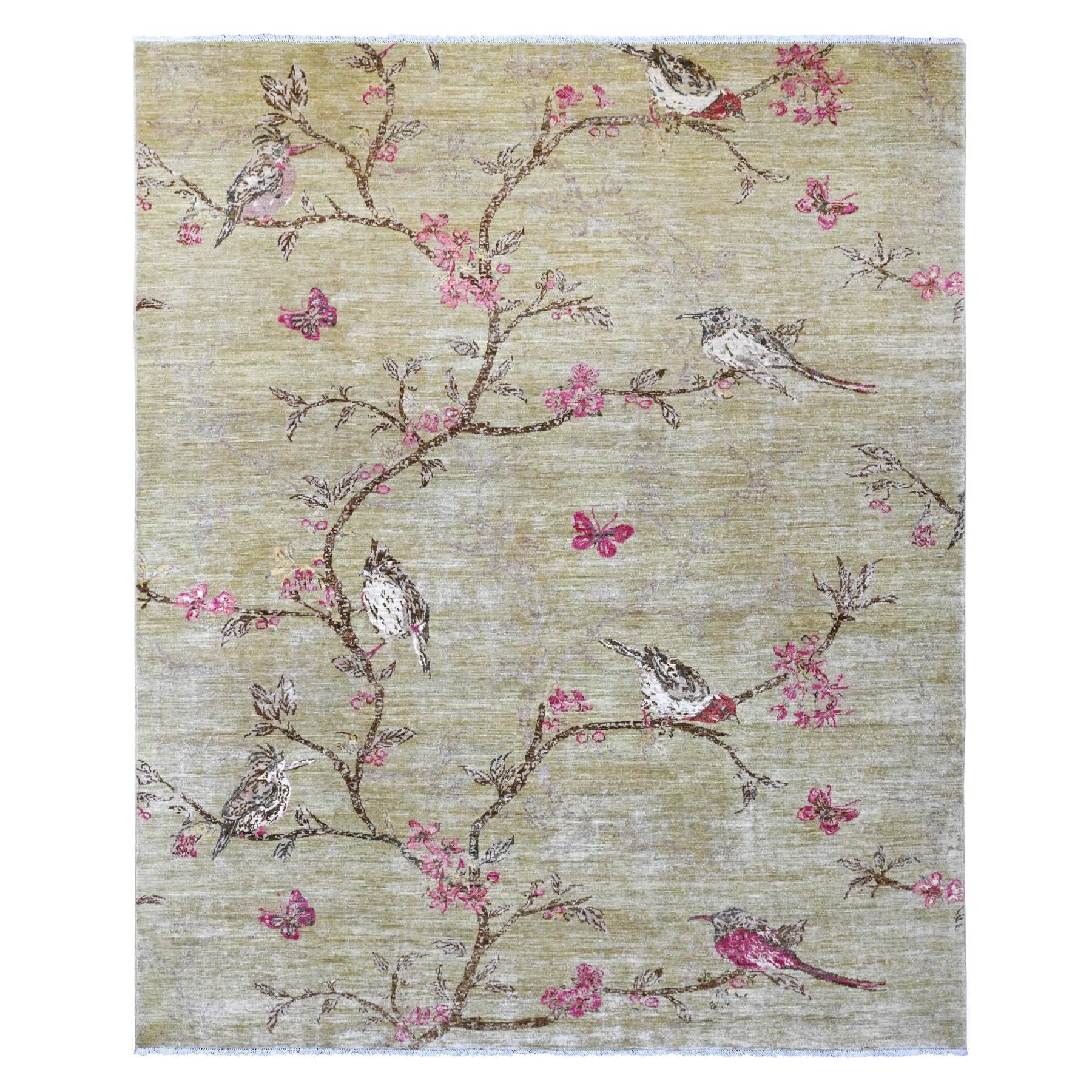 8'3"x9'9" Swamp Green with Touches of Pink, Peshawar, Sparrows on the Tree, Densely Woven, Hand Knotted, Soft 100% Wool, Oriental Rug HR21007