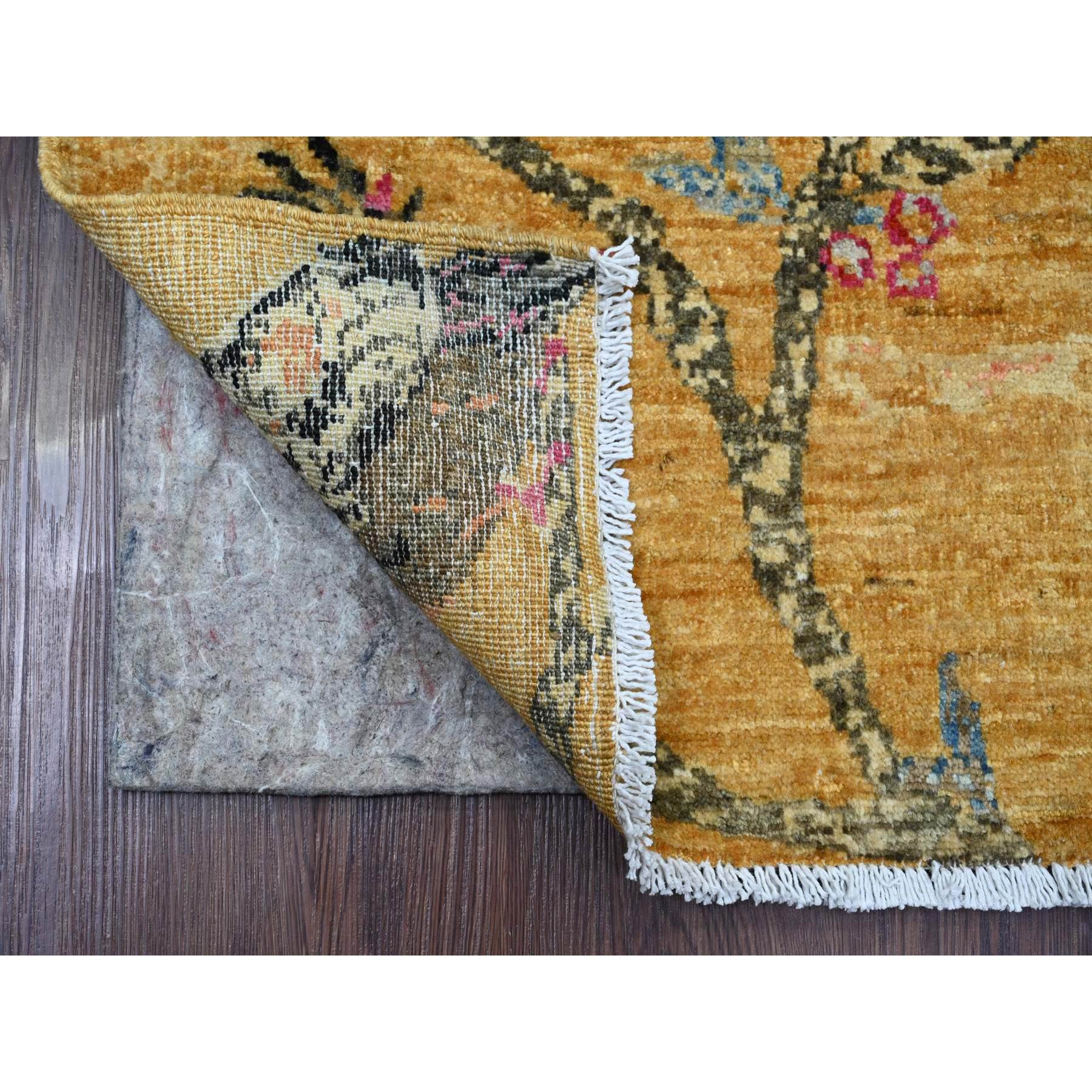 1'10'x2'9" Golden Brown, Hand Knotted, Sparrows on the Tree, Peshawar, Soft, High Mountain Wool, Densely Woven, Mat, Sample, Oriental Rug HR21015 - Image 2