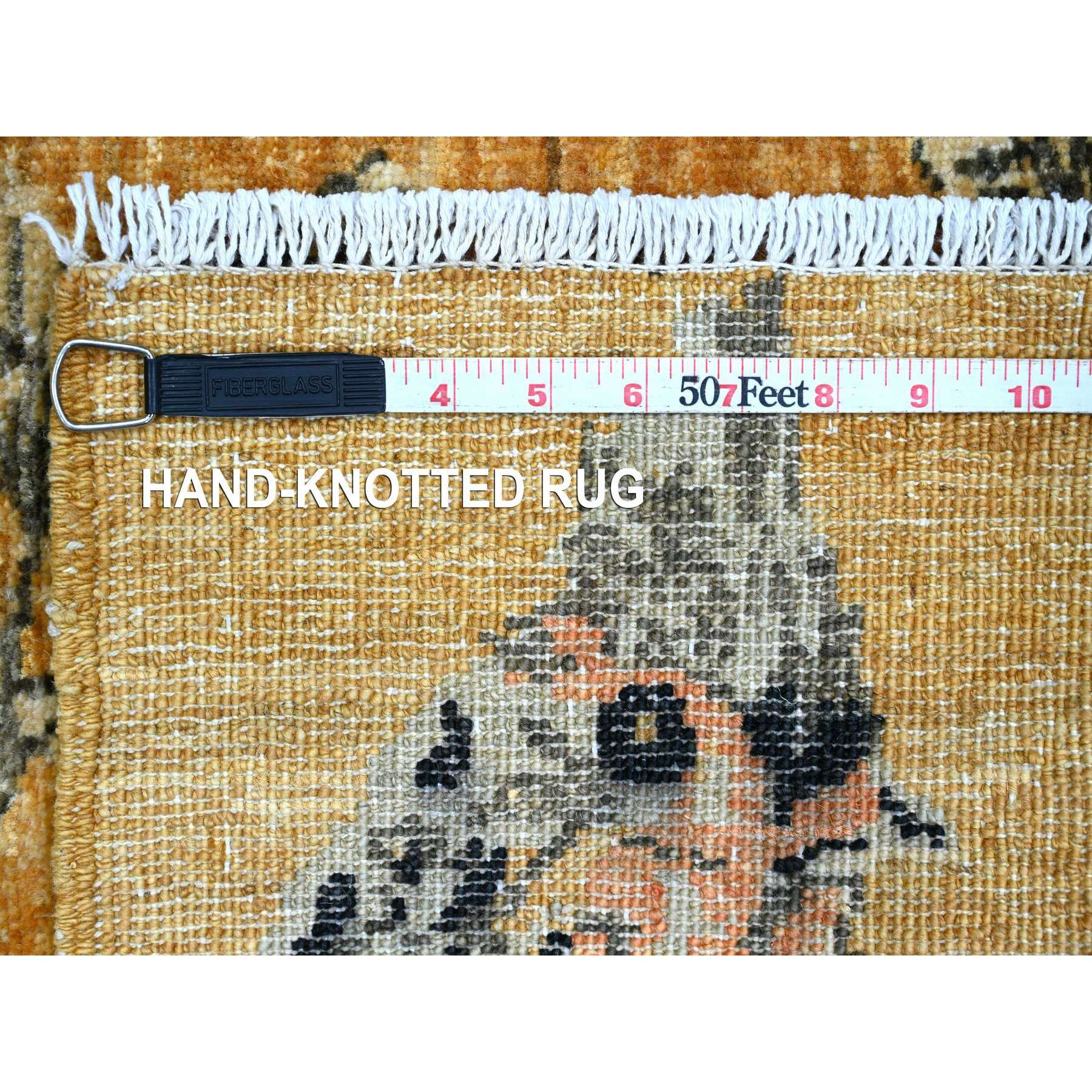 1'10'x2'9" Golden Brown, Hand Knotted, Sparrows on the Tree, Peshawar, Soft, High Mountain Wool, Densely Woven, Mat, Sample, Oriental Rug HR21015 - Image 6