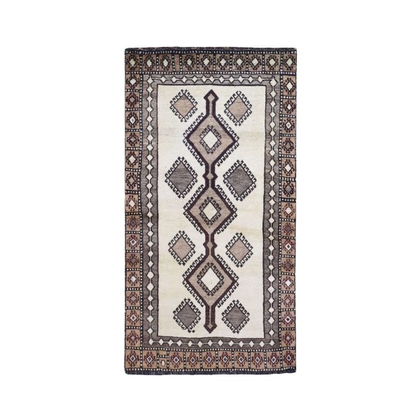 3'6"x6'10" New Persian Gabbeh Geometric Design Ivory Undyed Natural Wool Hand Knotted Oriental Rug HR59845