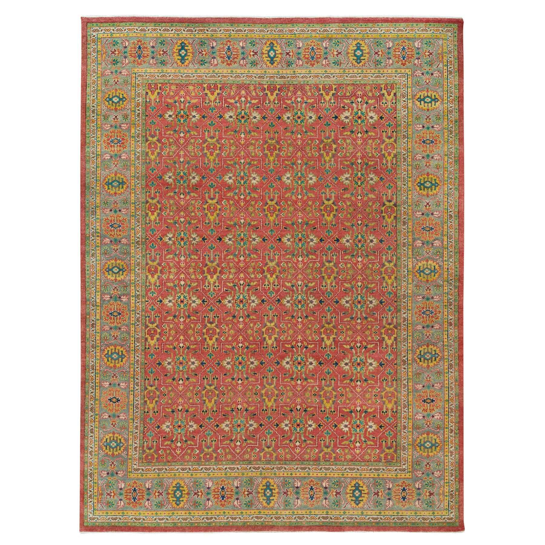 14'x16'5" Fire Brick Red, Sheared Low, 100% Wool, Hand Knotted, Antiqued Oushak Reimagined Repetitive Star and Rosette Design, Oversized Oriental Rug HR65930
