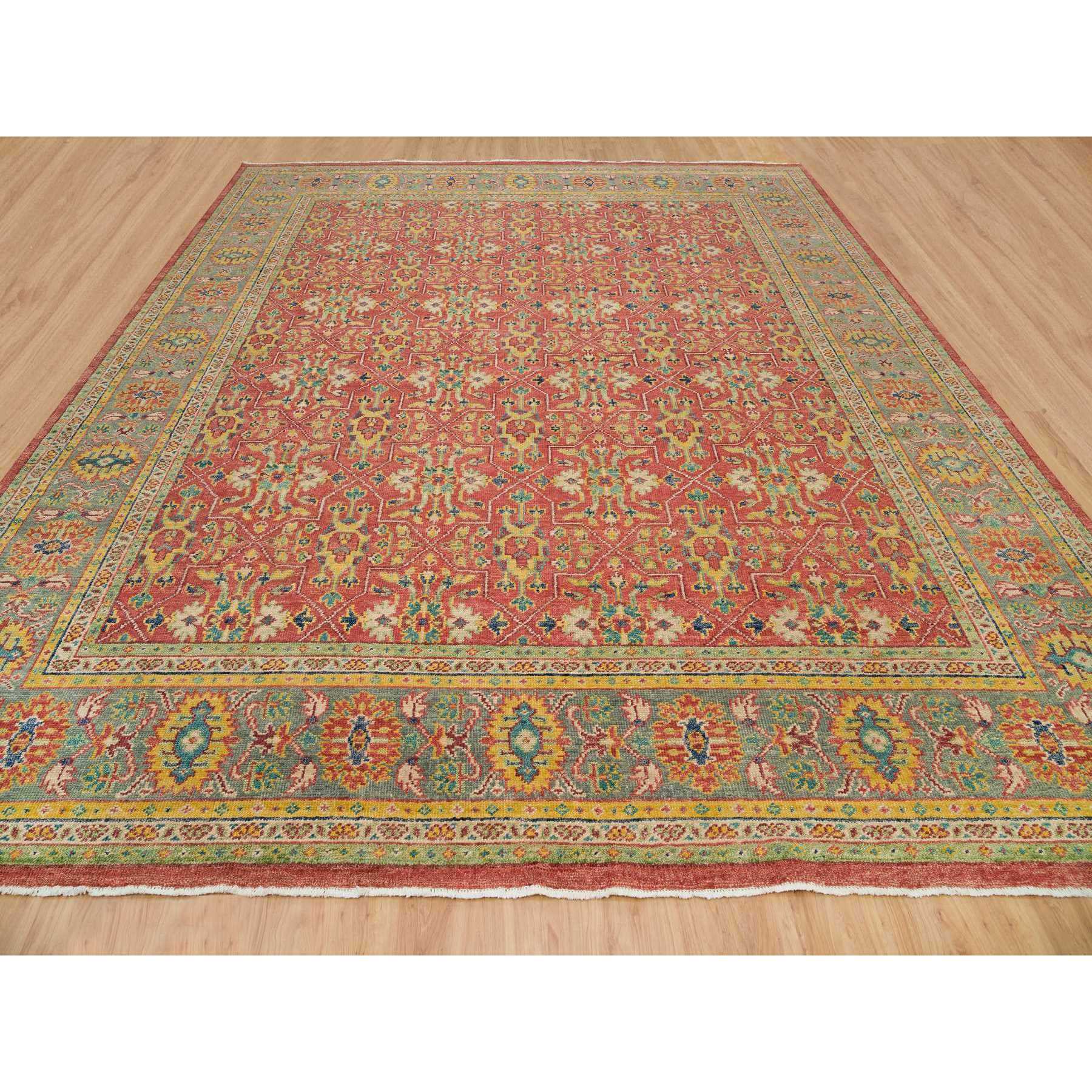 14'x16'5" Fire Brick Red, Sheared Low, 100% Wool, Hand Knotted, Antiqued Oushak Reimagined Repetitive Star and Rosette Design, Oversized Oriental Rug HR65930 - Image 2
