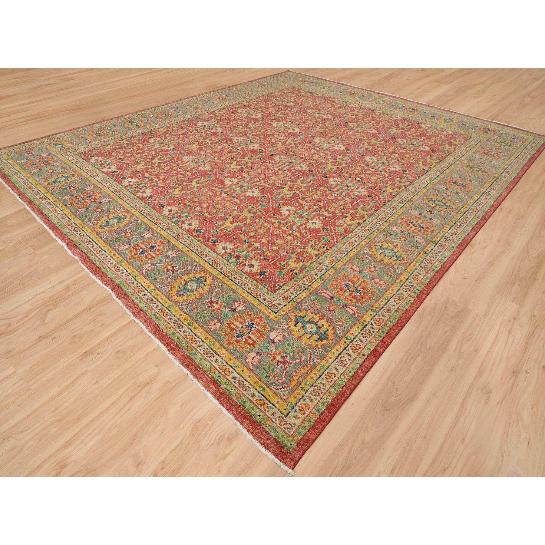 14'x16'5" Fire Brick Red, Sheared Low, 100% Wool, Hand Knotted, Antiqued Oushak Reimagined Repetitive Star and Rosette Design, Oversized Oriental Rug HR65930 - Image 3