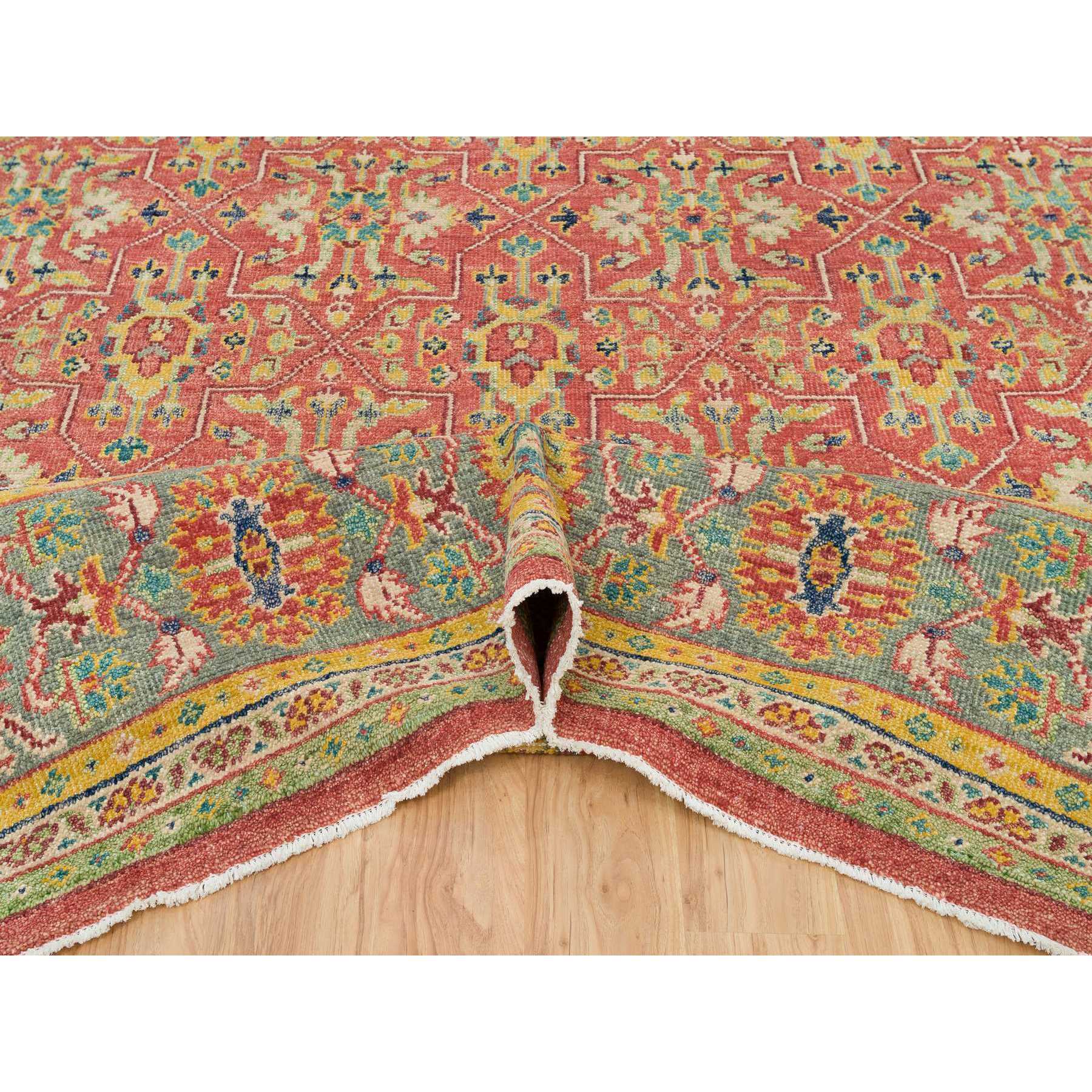 14'x16'5" Fire Brick Red, Sheared Low, 100% Wool, Hand Knotted, Antiqued Oushak Reimagined Repetitive Star and Rosette Design, Oversized Oriental Rug HR65930 - Image 5