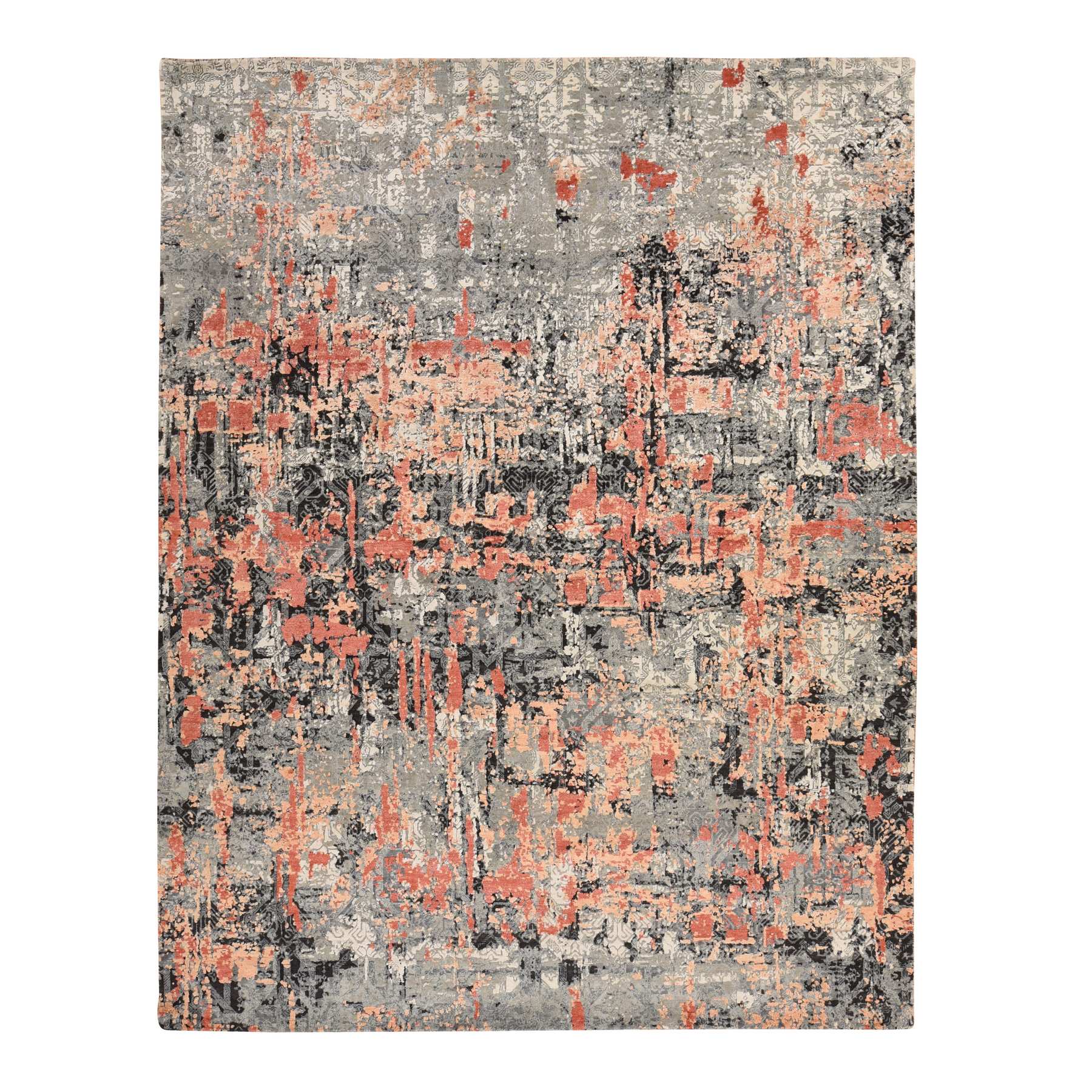 7'9"x10'1" Spanish Gray with Blush Red, Abstract Design, Soft to the Touch, Modern, 100% Wool, Hand Knotted, Oriental Rug HR78389