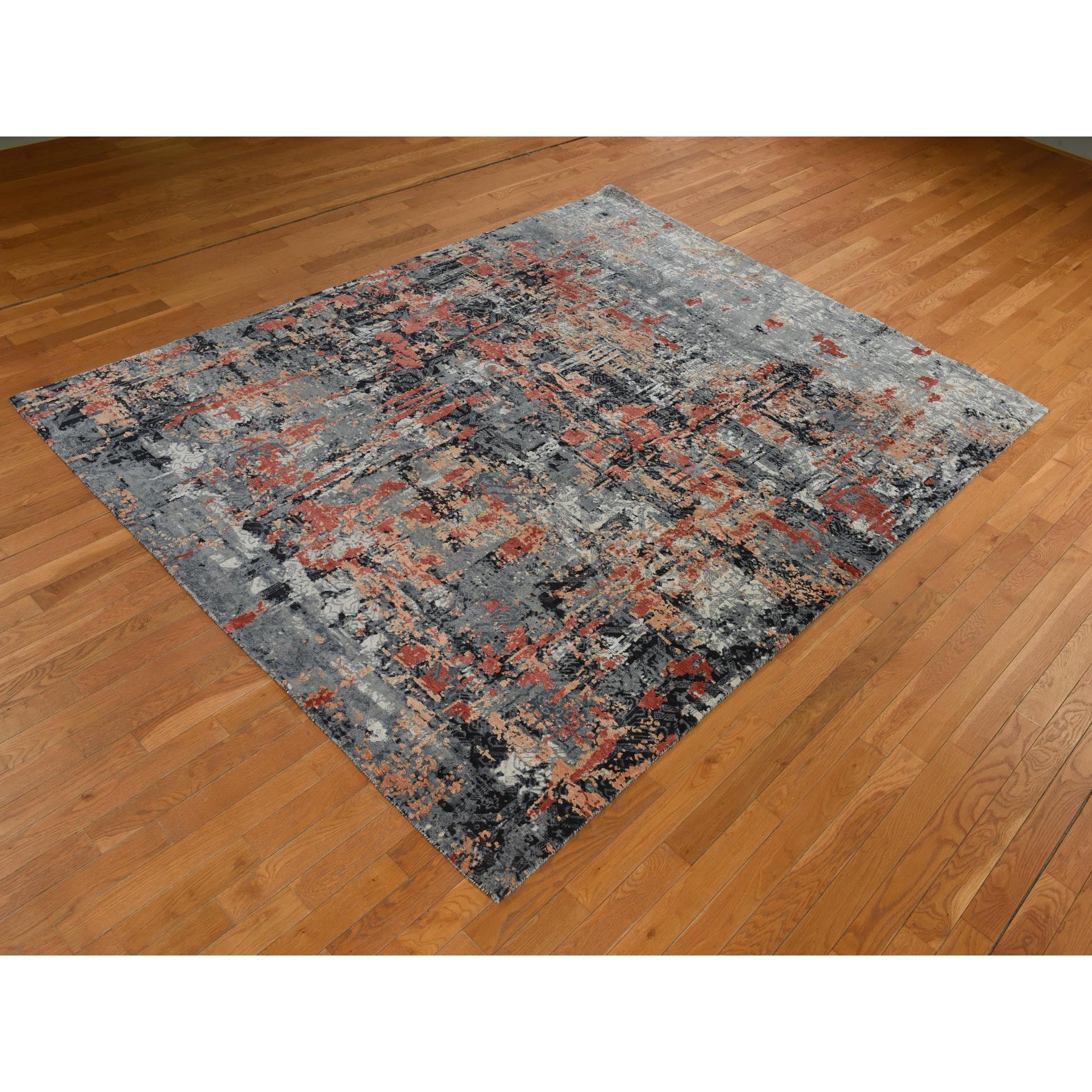7'9"x10'1" Spanish Gray with Blush Red, Abstract Design, Soft to the Touch, Modern, 100% Wool, Hand Knotted, Oriental Rug HR78389 - Image 3