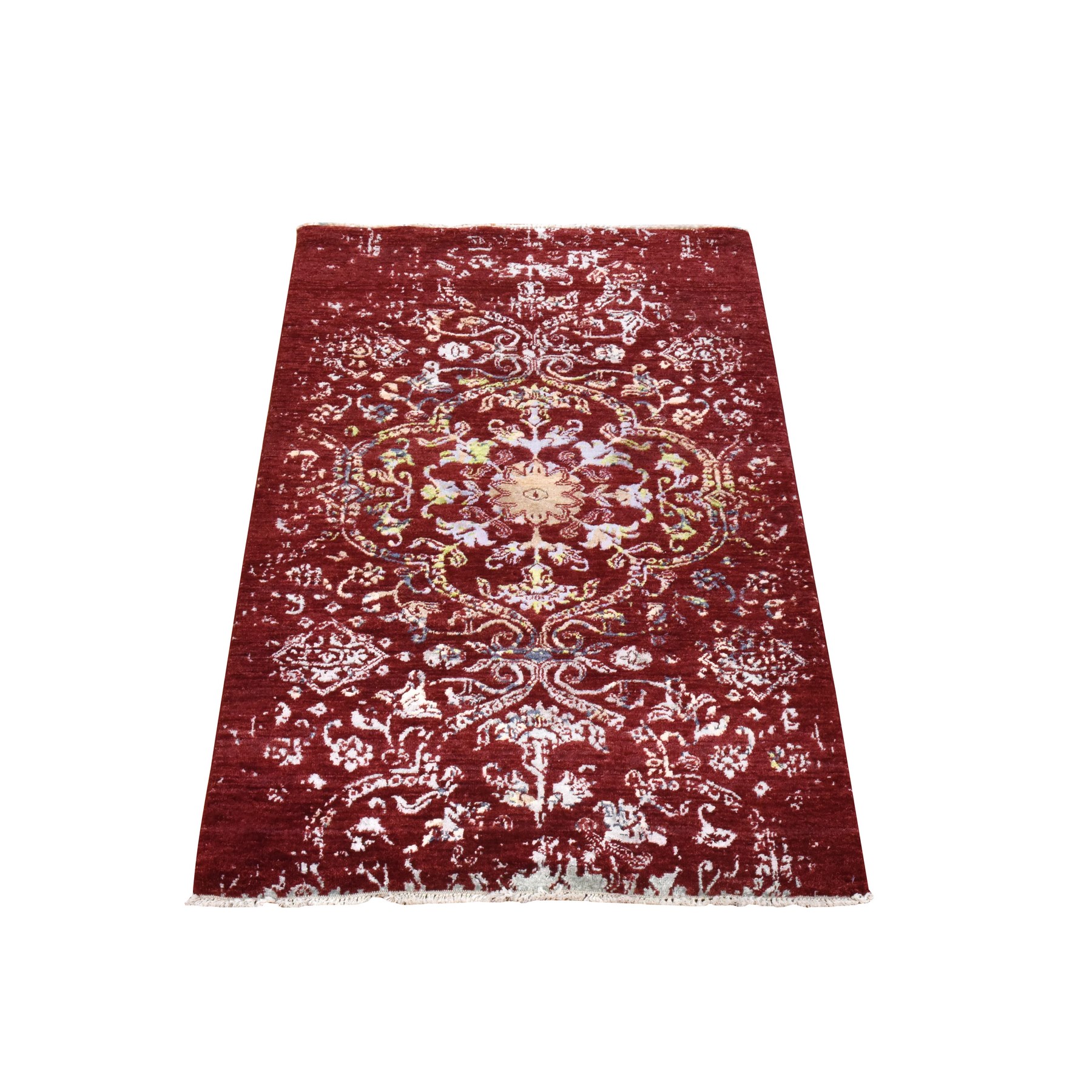3'x5'1" Currant Red, Floral Design, Wool and Silk, Tone on Tone, Hand Knotted, Oriental Rug HR78397