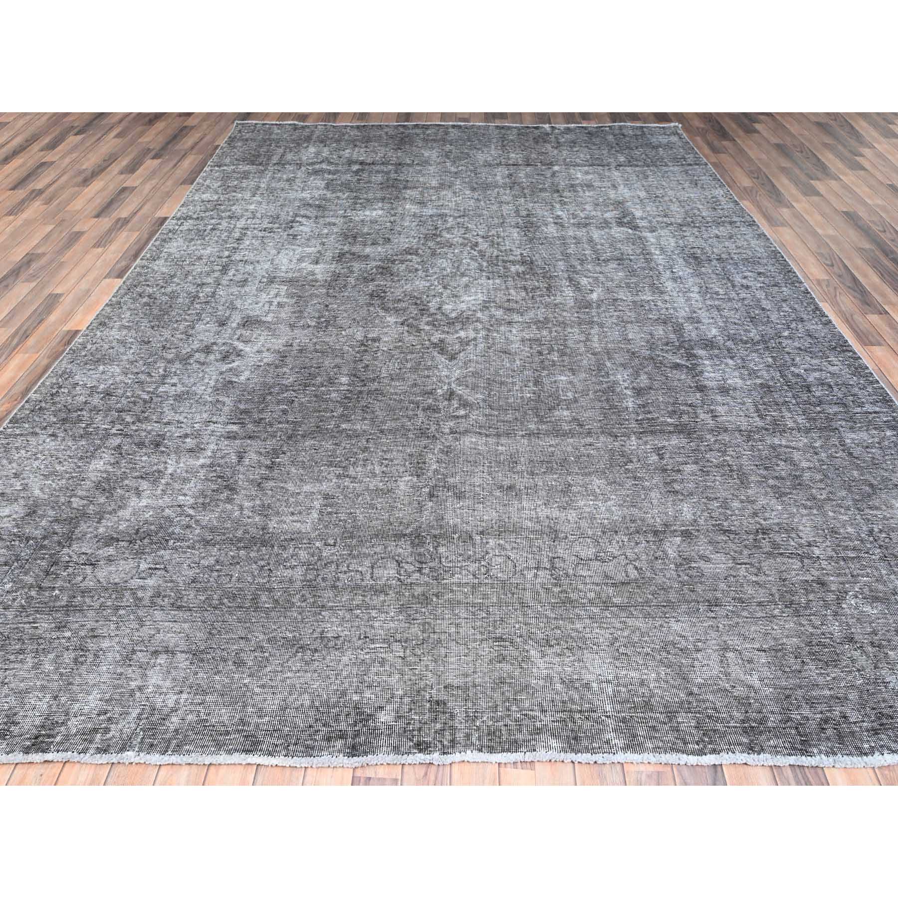 9'4"x12'10" Thunder Gray, Vintage Persian Tabriz, Distressed, Cropped Thin, Overdyed, Worn Wool, Hand Knotted, Oriental Rug HR85406 - Image 2